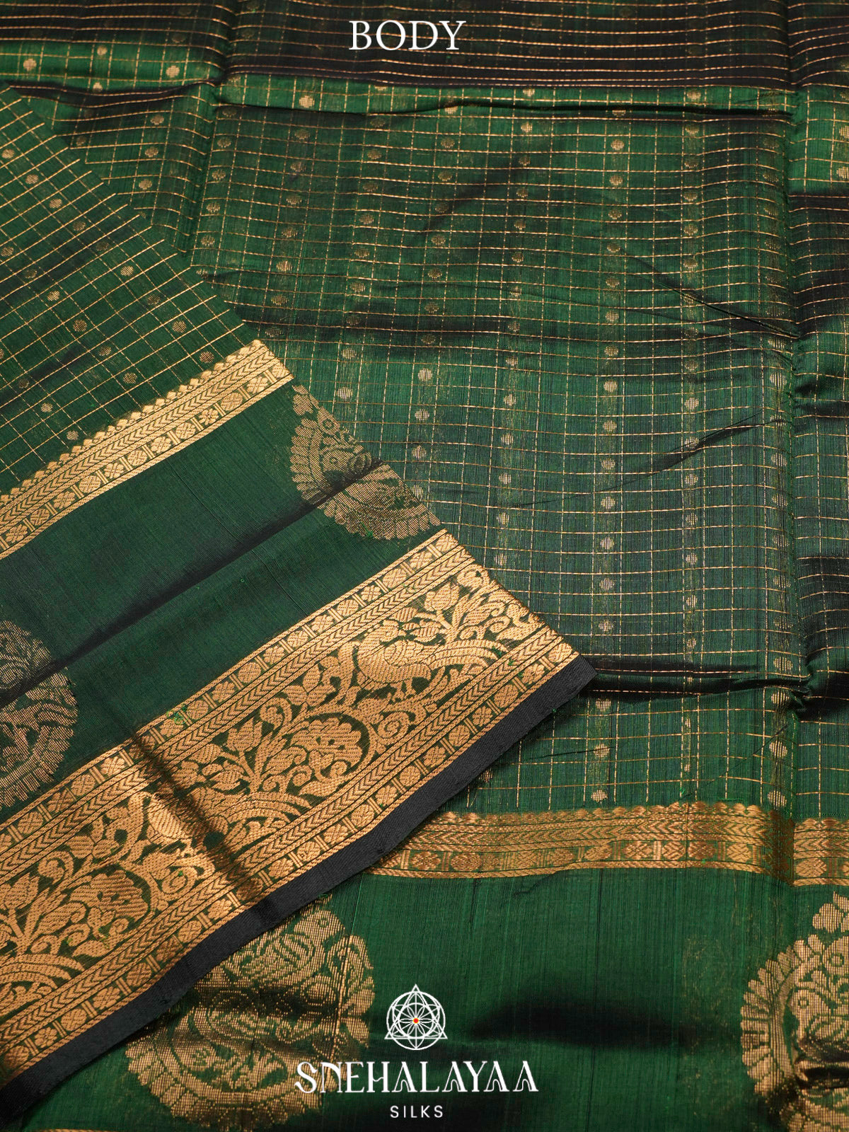 Forest Green Kuppadam Silk Cotton Saree with Golden Zari Border