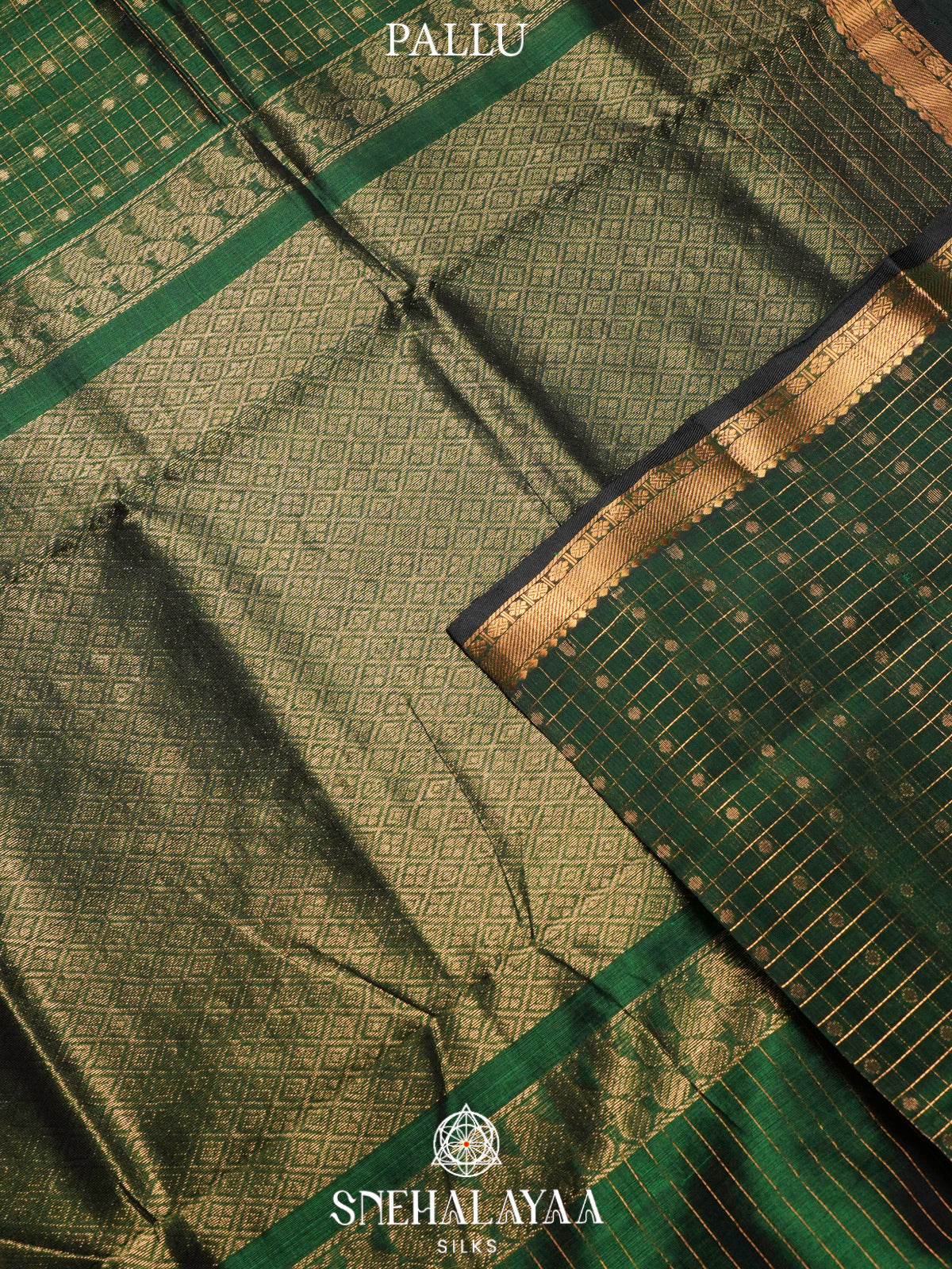 Forest Green Kuppadam Silk Cotton Saree with Golden Zari Border