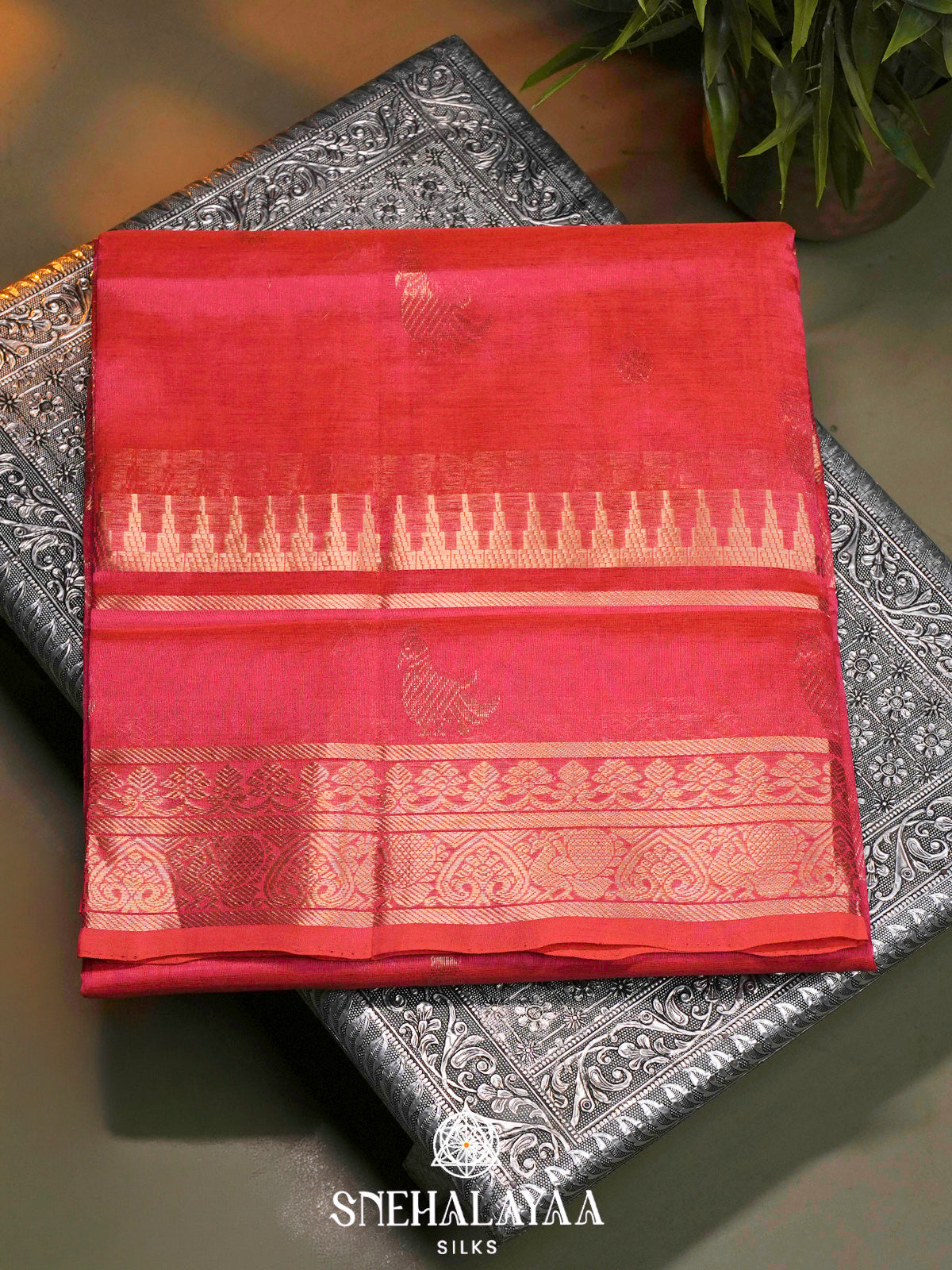 Coral Pink Kuppadam Silk Cotton Saree with Golden Zari Border