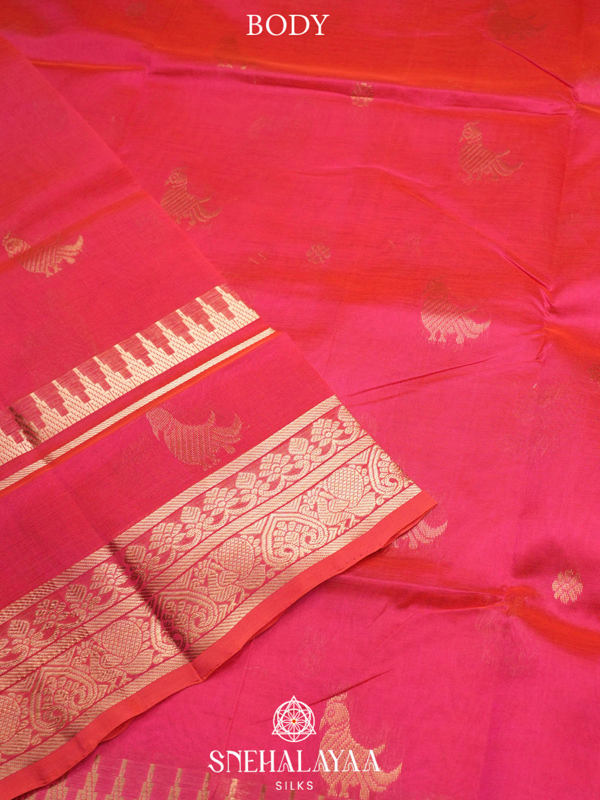 Coral Pink Kuppadam Silk Cotton Saree with Golden Zari Border