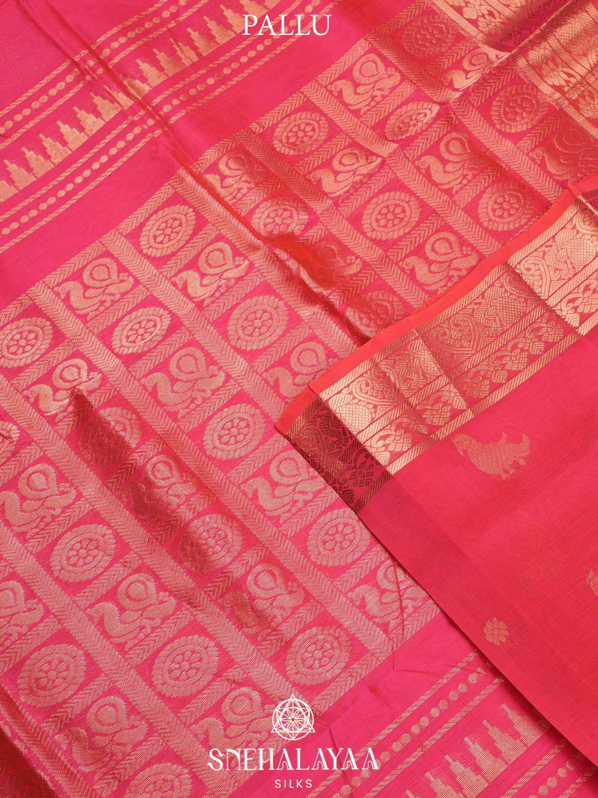 Coral Pink Kuppadam Silk Cotton Saree with Golden Zari Border