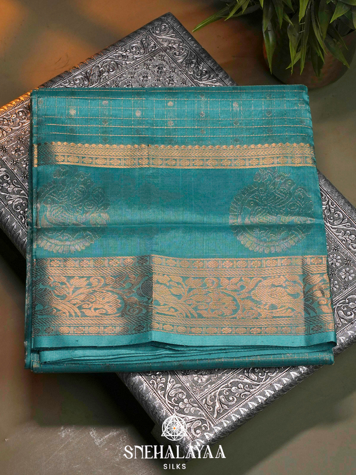 Sea Green Kuppadam Silk Cotton Saree with Golden Zari Border