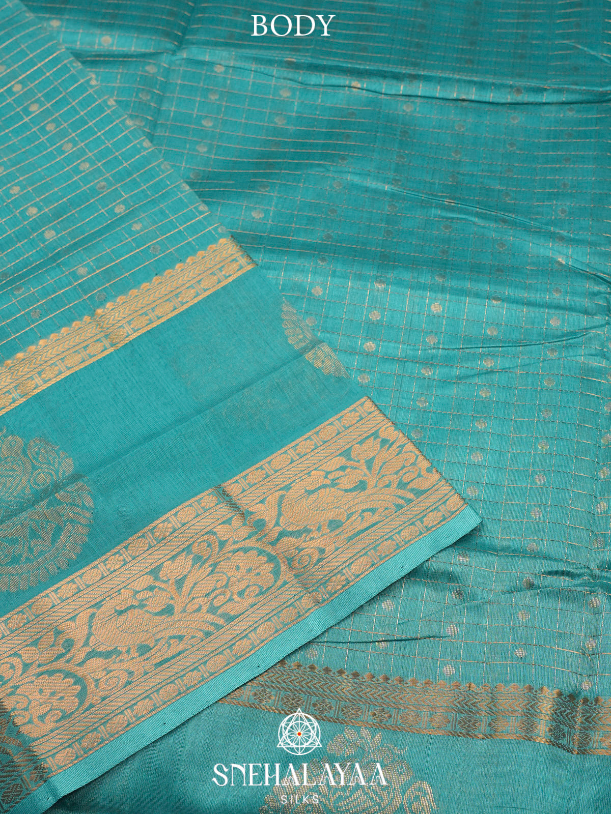 Sea Green Kuppadam Silk Cotton Saree with Golden Zari Border