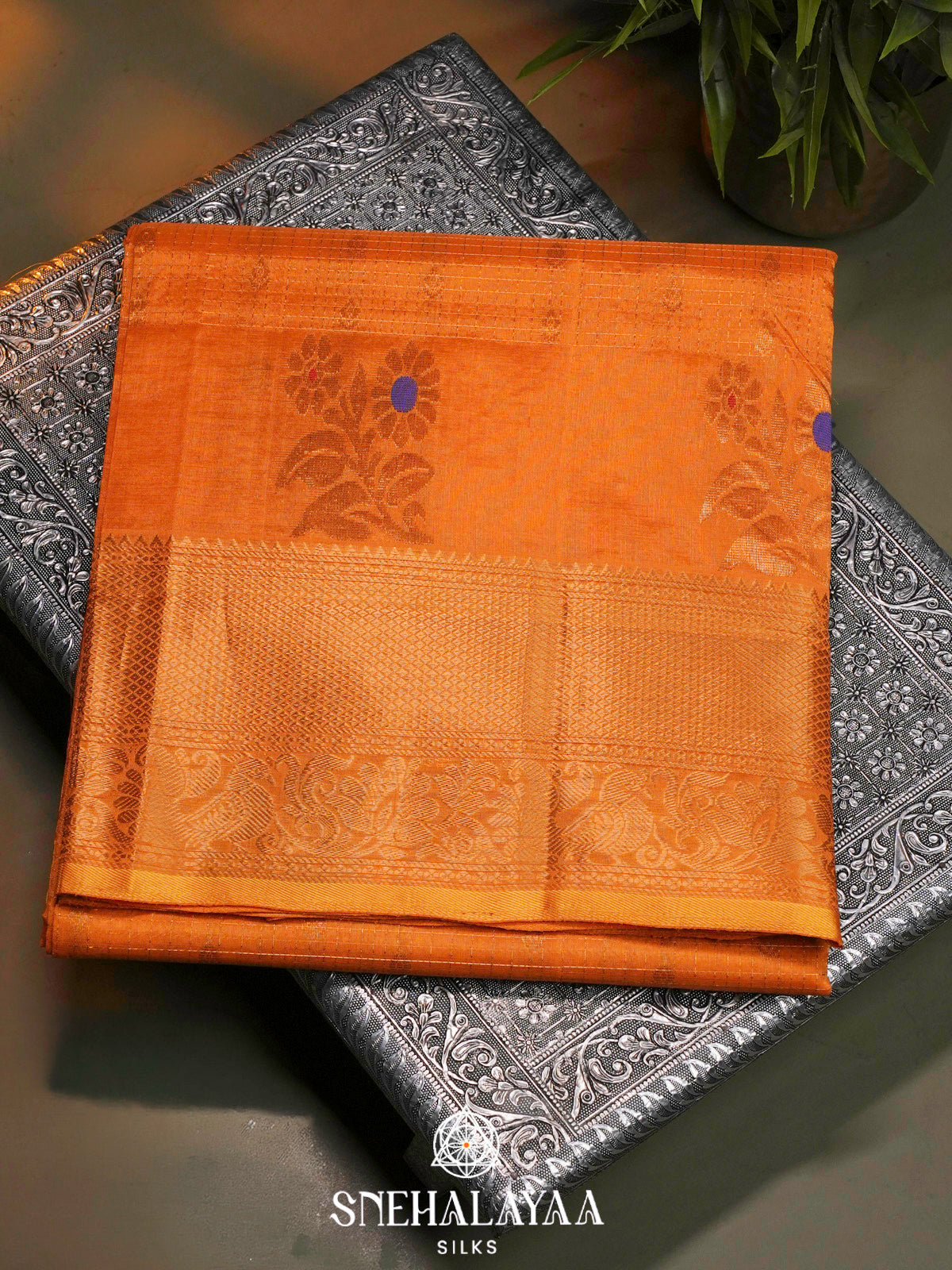 Orange Kuppadam Silk Cotton Saree with Traditional Zari Border