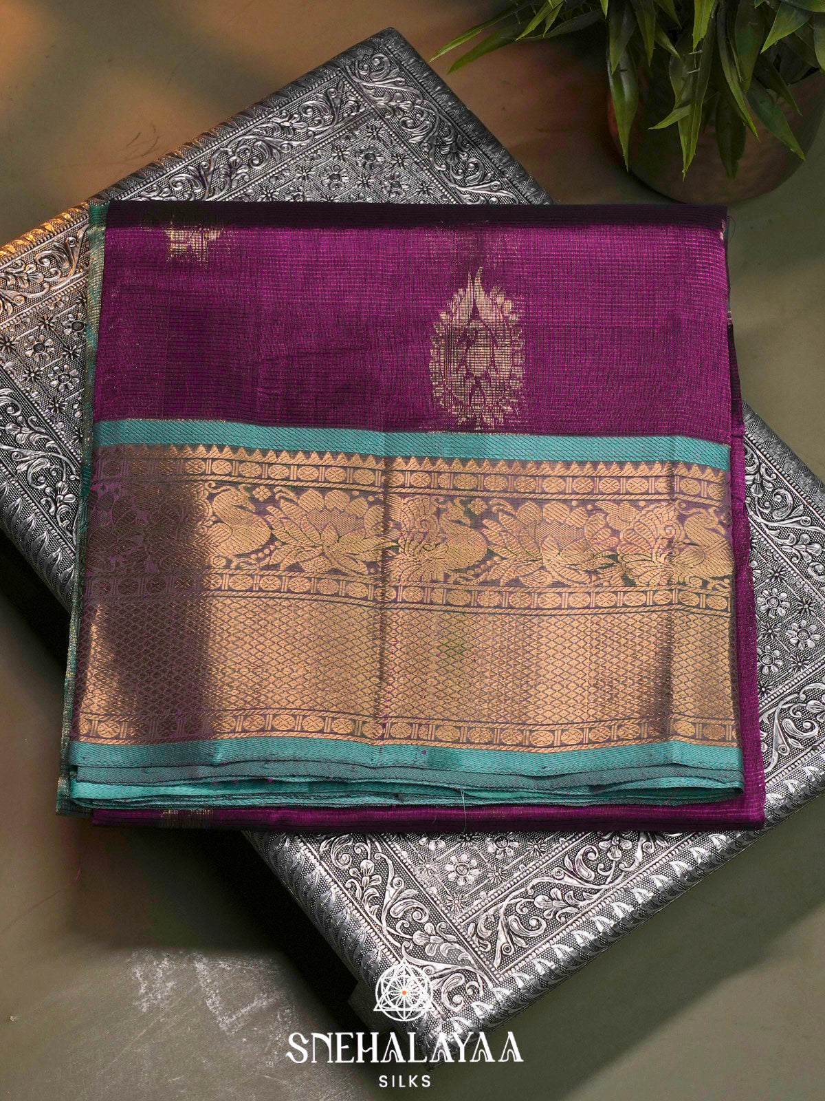 Wine Purple Kuppadam Silk Cotton Saree with Sea Green Border