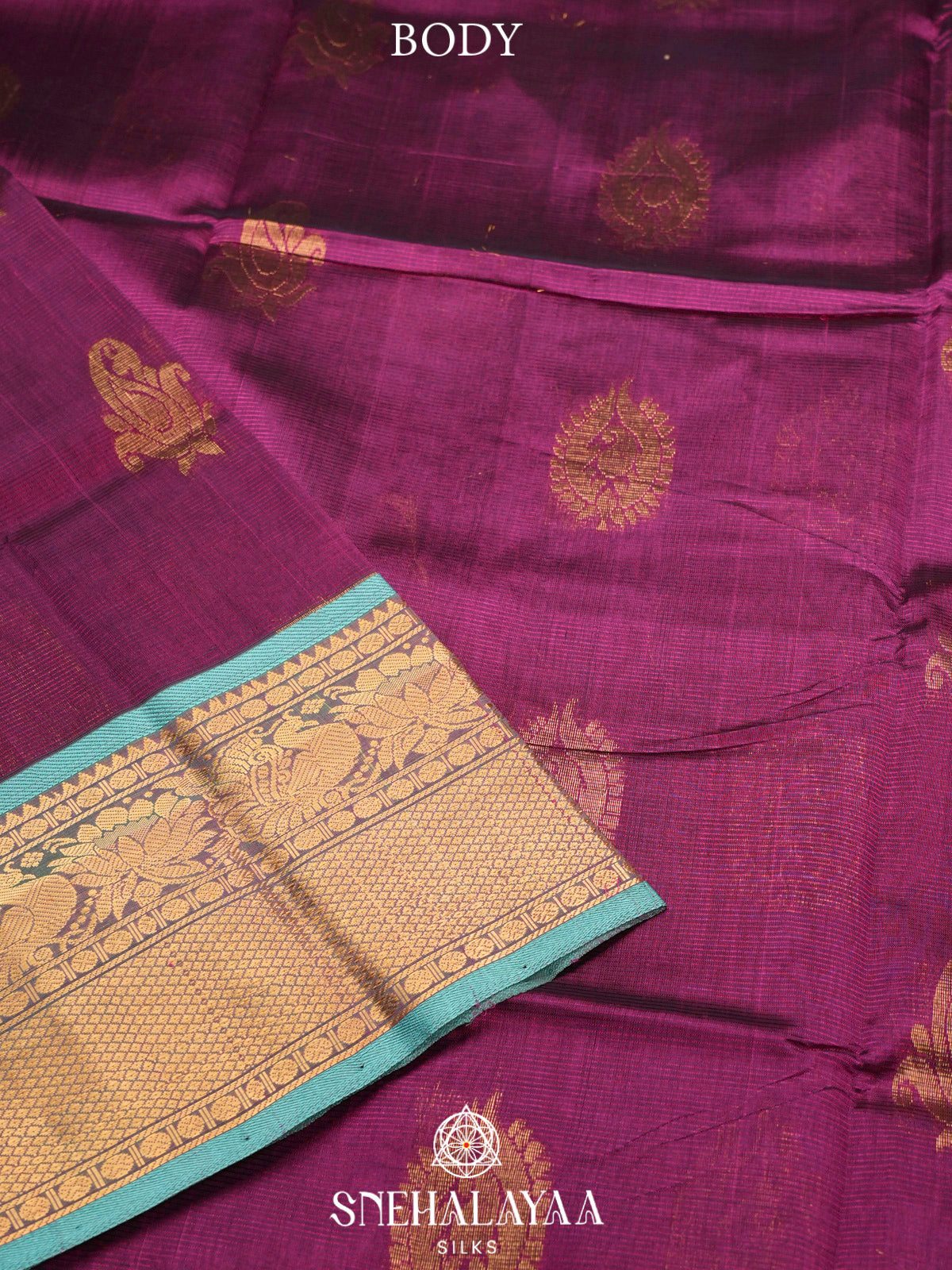 Wine Purple Kuppadam Silk Cotton Saree with Sea Green Border