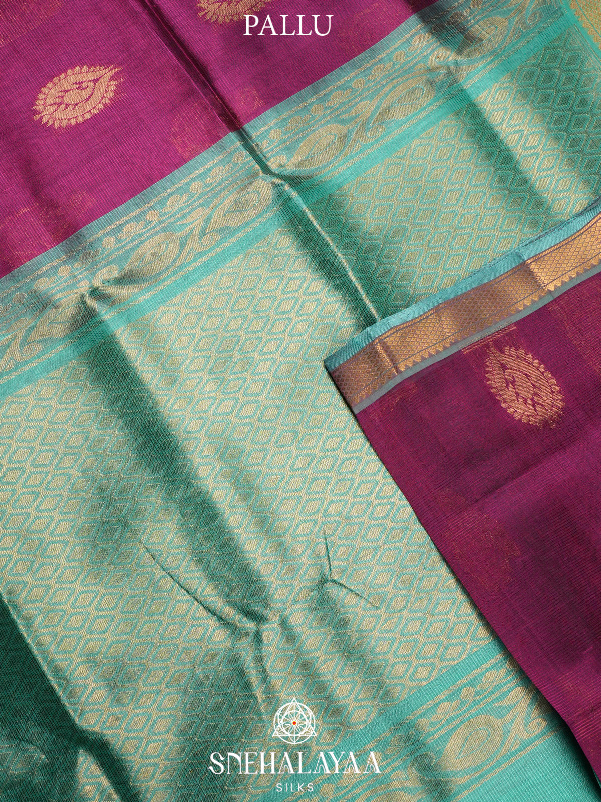 Wine Purple Kuppadam Silk Cotton Saree with Sea Green Border