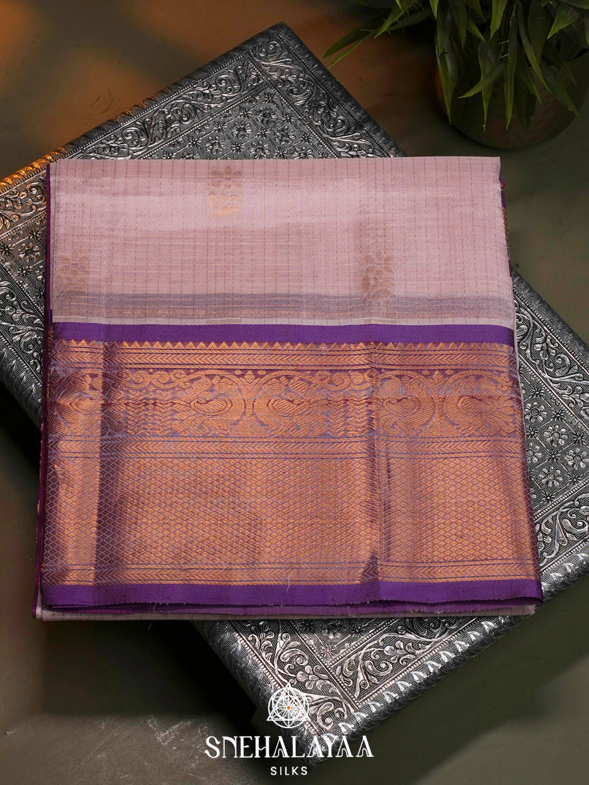 Pale Pink Kuppadam Silk Cotton Saree with Purple Zari Border