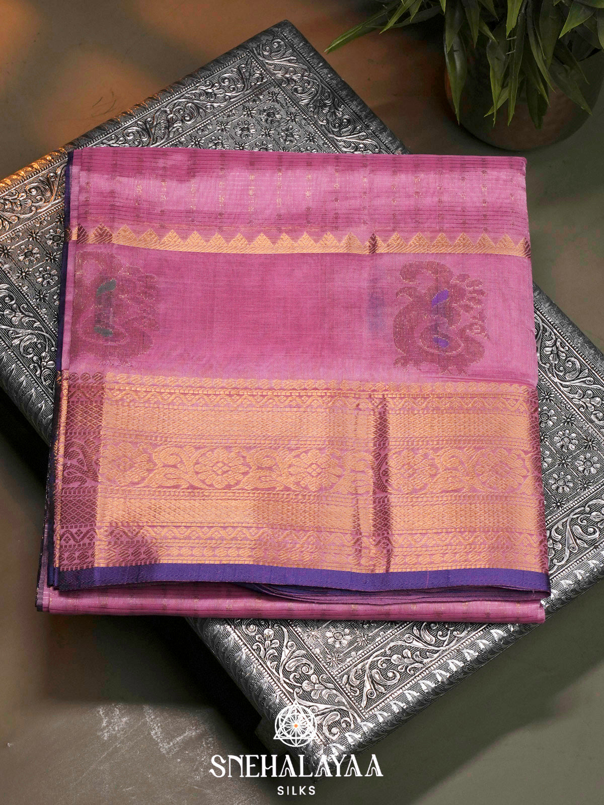Pink Kuppadam Silk Cotton Saree with Purple Floral Zari Border