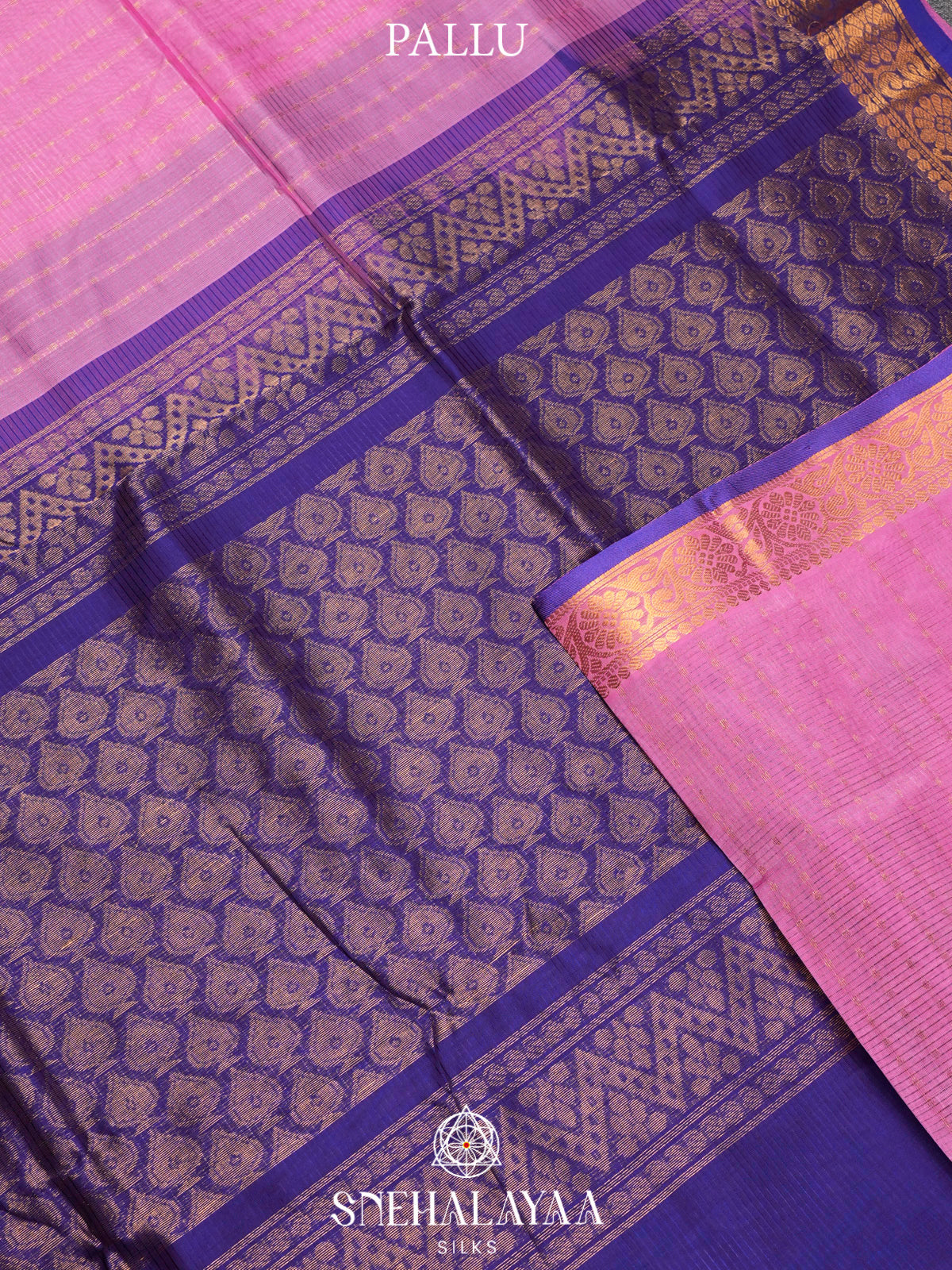 Pink Kuppadam Silk Cotton Saree with Purple Floral Zari Border