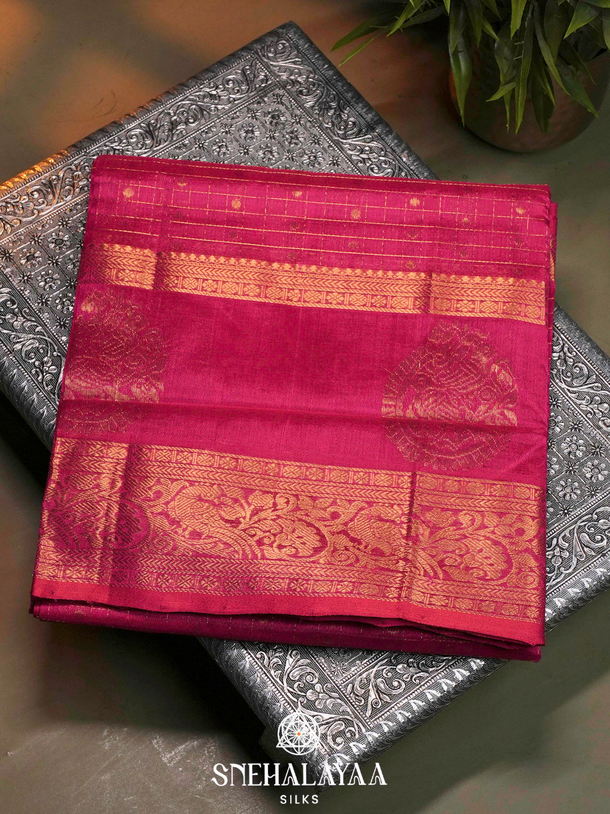 Ruby Red Kuppadam Silk Cotton Saree with Peacock Zari Border