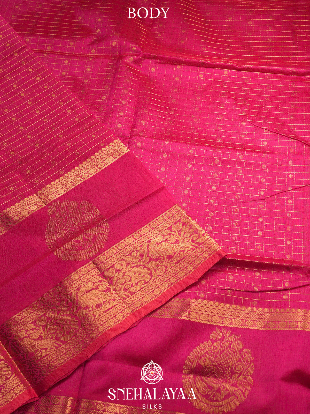 Ruby Red Kuppadam Silk Cotton Saree with Peacock Zari Border