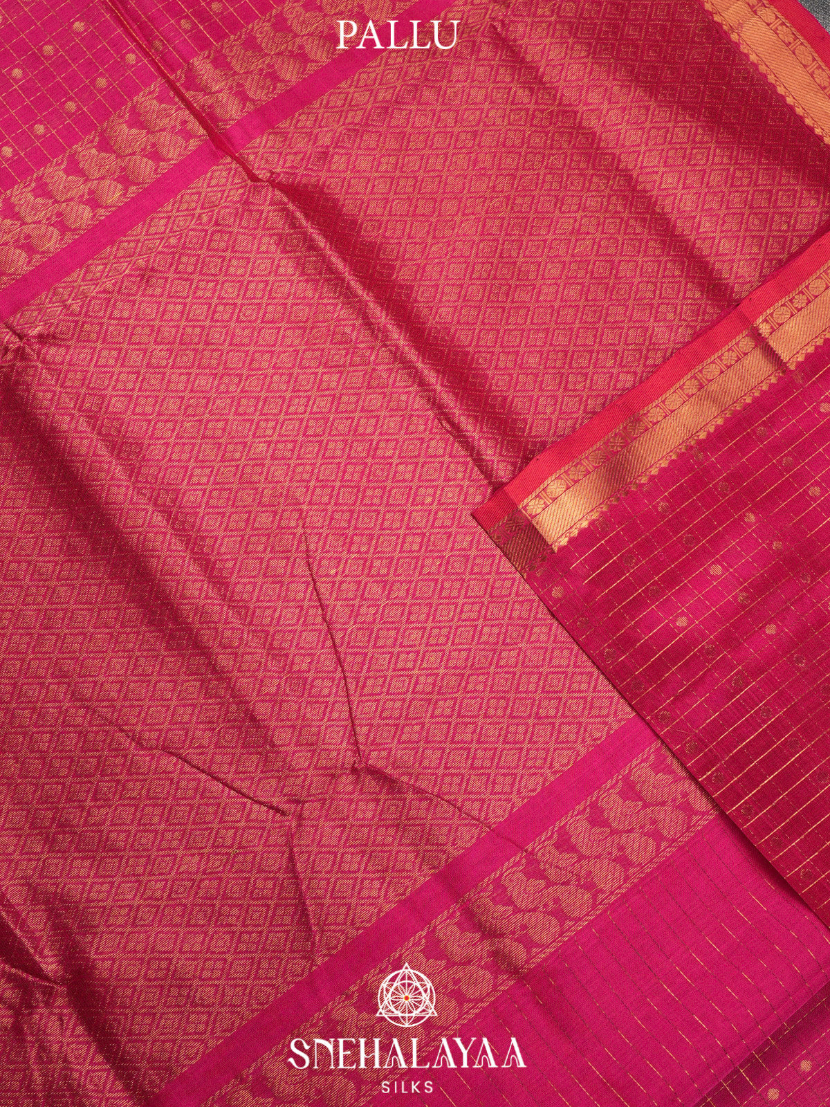 Ruby Red Kuppadam Silk Cotton Saree with Peacock Zari Border