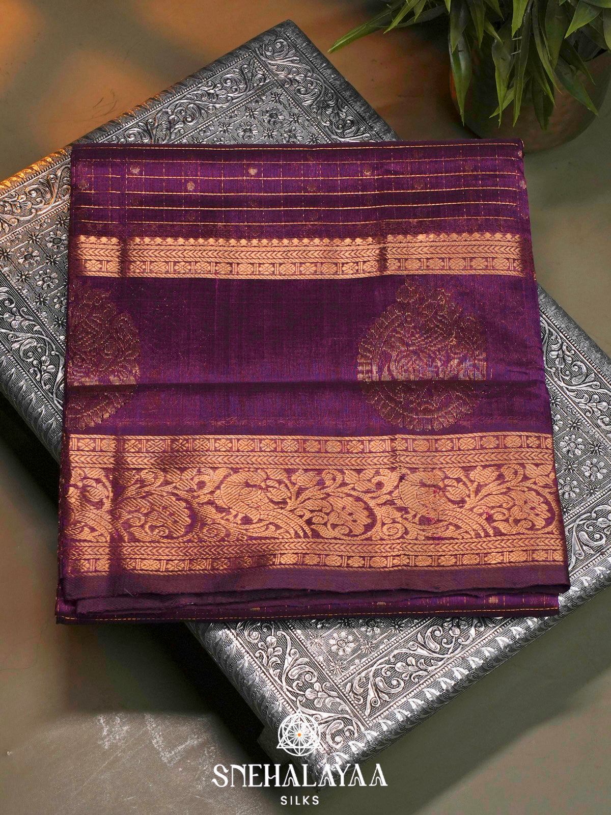 Purple Kuppadam Silk Cotton Saree with Peacock Zari Border