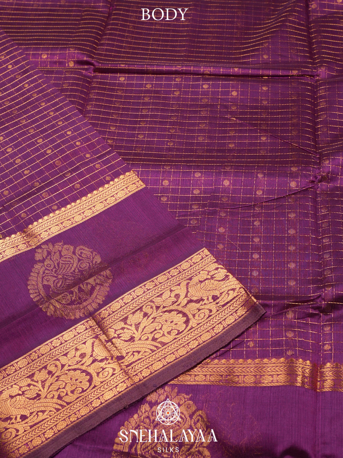 Purple Kuppadam Silk Cotton Saree with Peacock Zari Border