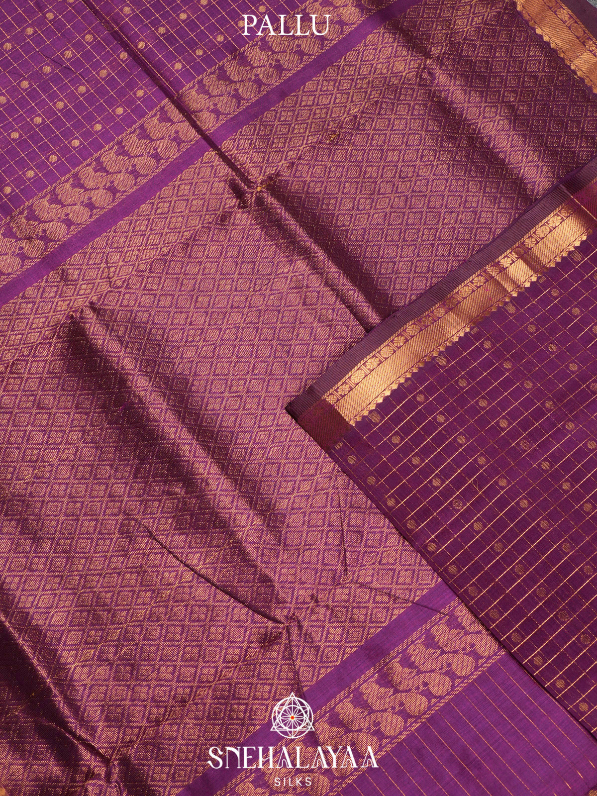 Purple Kuppadam Silk Cotton Saree with Peacock Zari Border