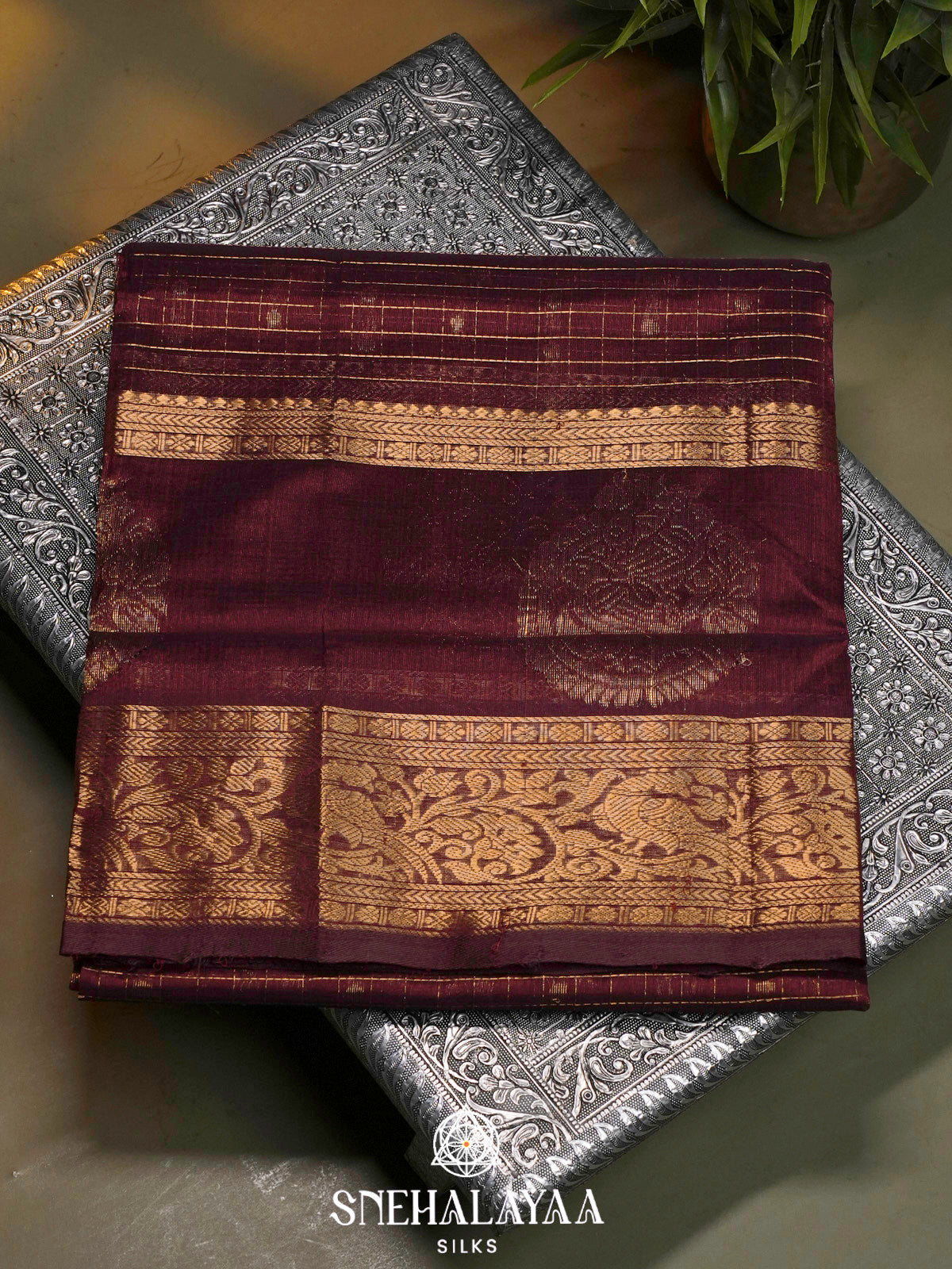 Maroon Kuppadam Silk Cotton Saree with Peacock Zari Border