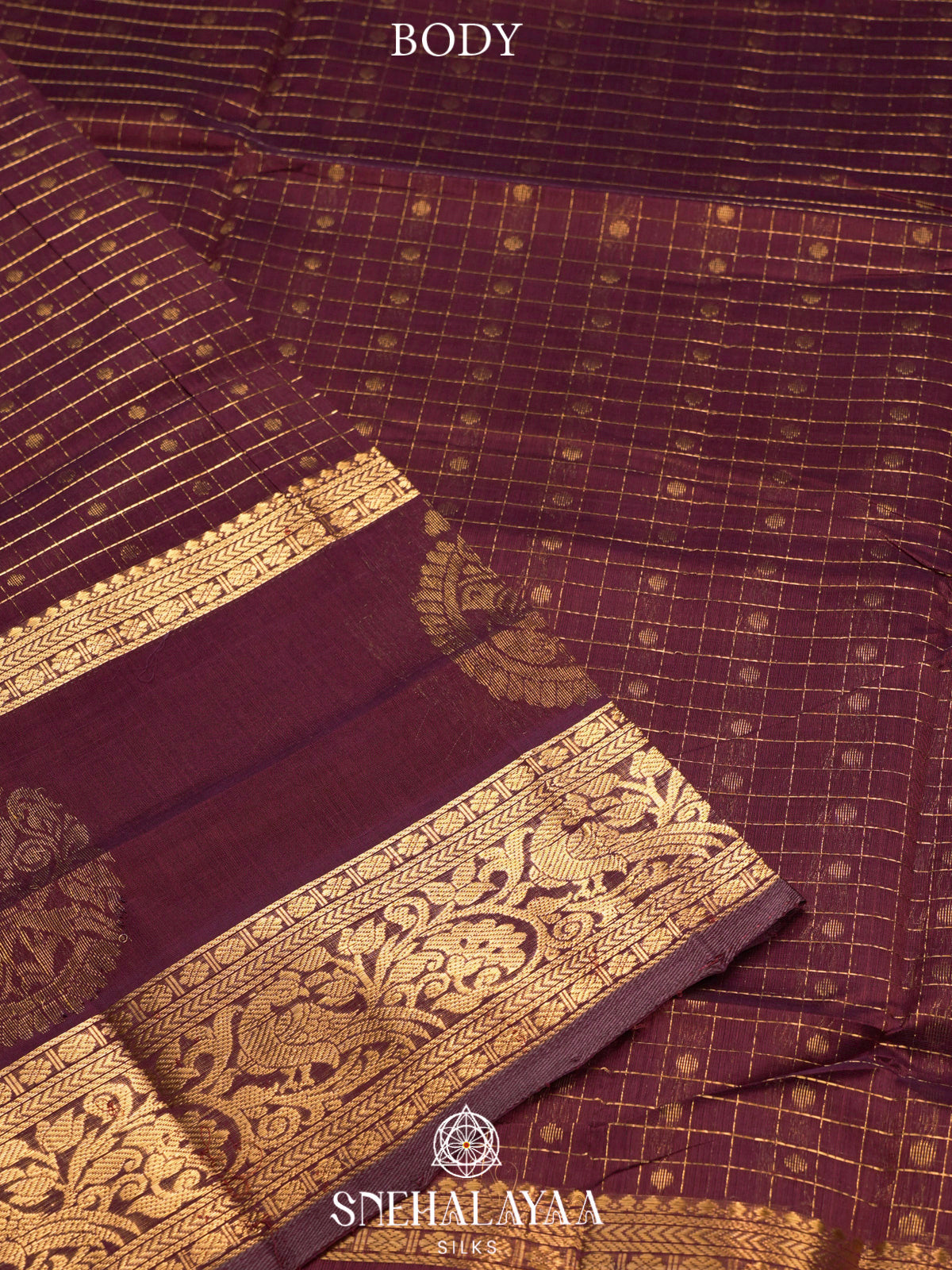 Maroon Kuppadam Silk Cotton Saree with Peacock Zari Border