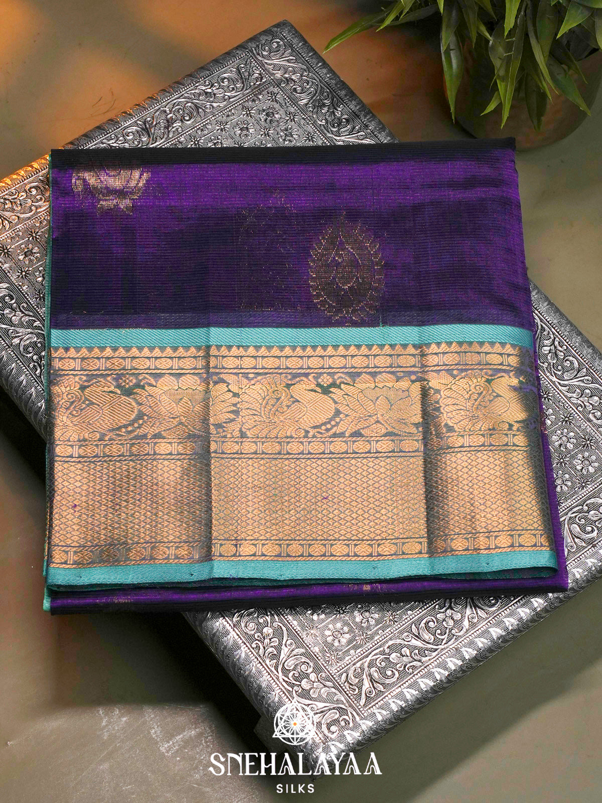 Purple Kuppadam Silk Cotton Saree with Sea Green Peacock Border