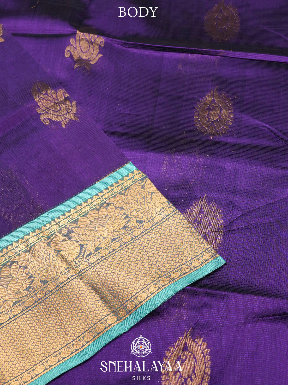 Purple Kuppadam Silk Cotton Saree with Sea Green Peacock Border