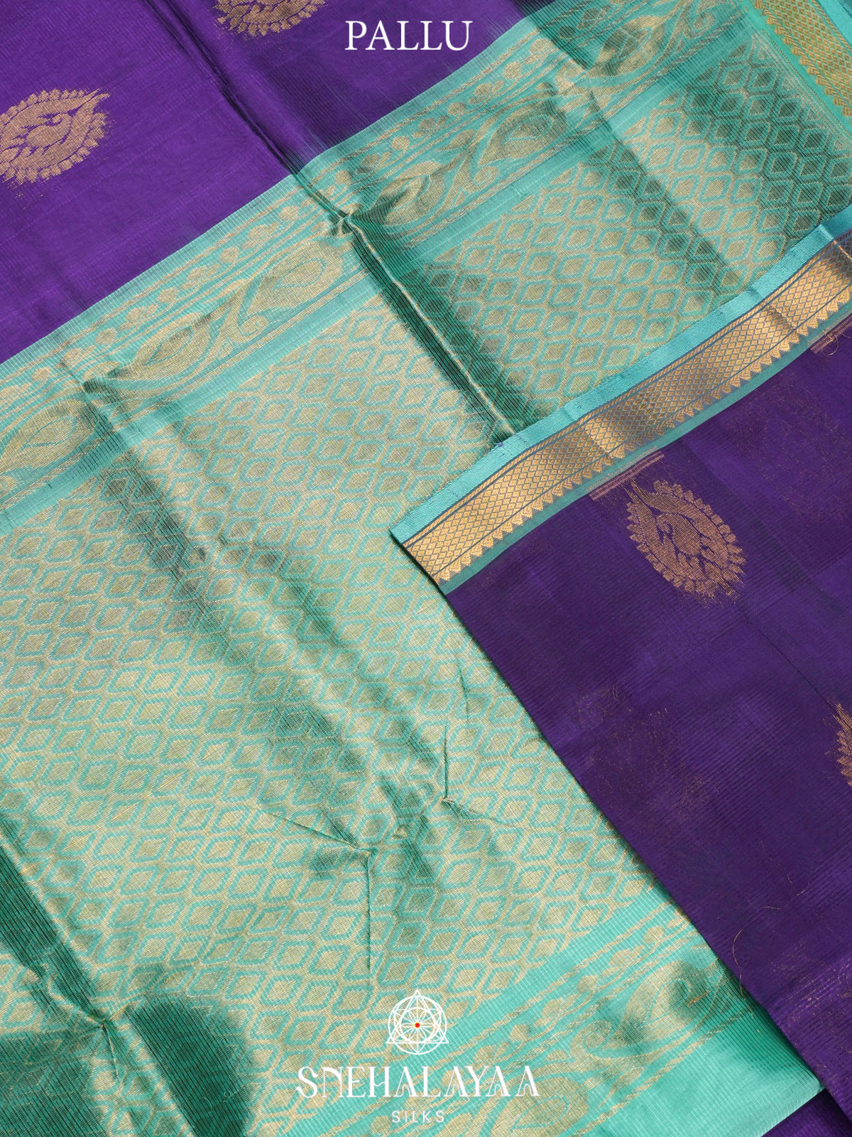 Purple Kuppadam Silk Cotton Saree with Sea Green Peacock Border