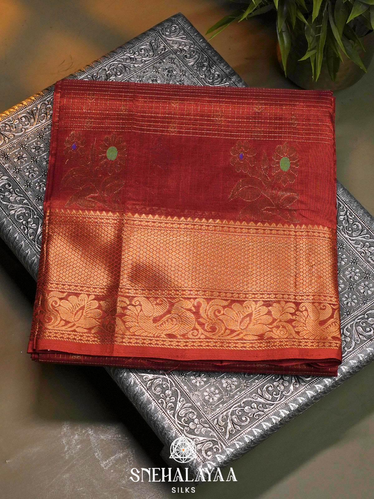 Crimson Red Kuppadam Silk Cotton Saree with Peacock Zari Border