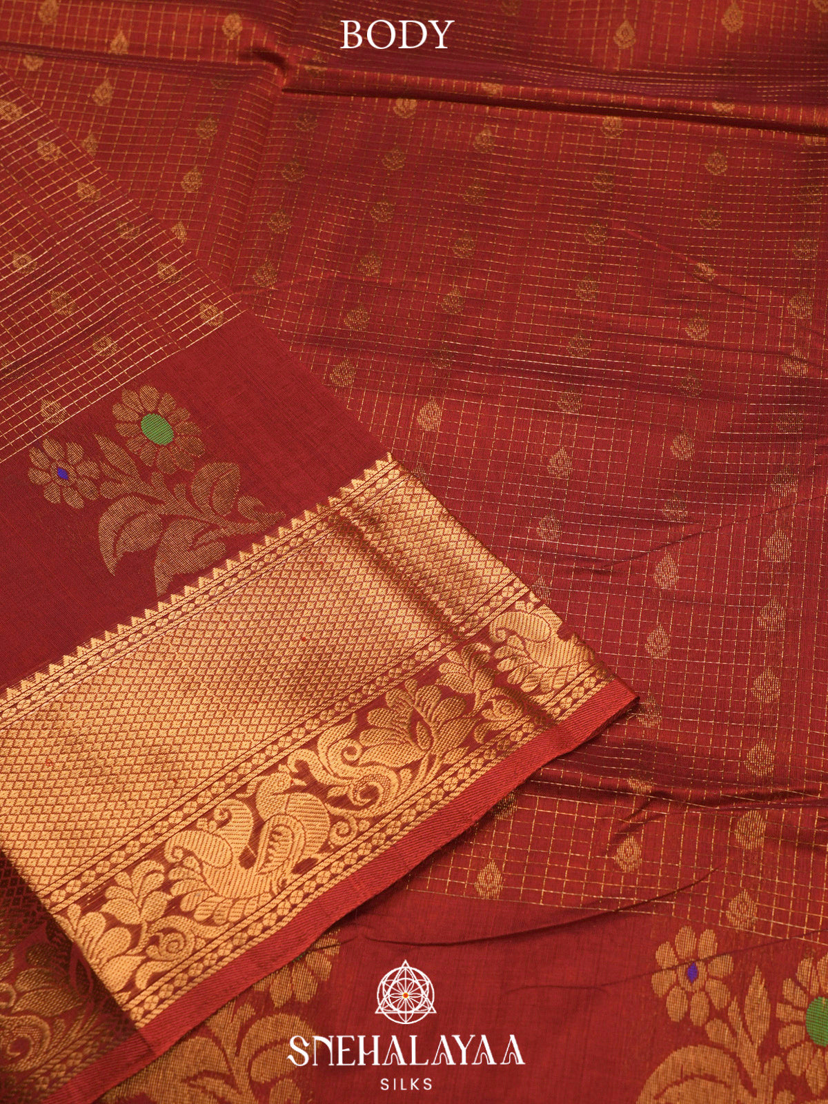 Crimson Red Kuppadam Silk Cotton Saree with Peacock Zari Border