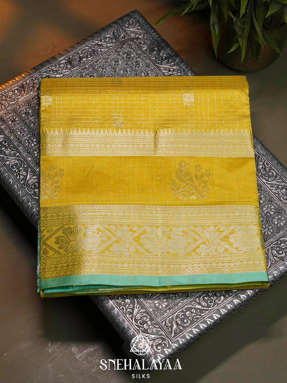 Yellow Kuppadam Silk Cotton Saree with Sea Green Pallu
