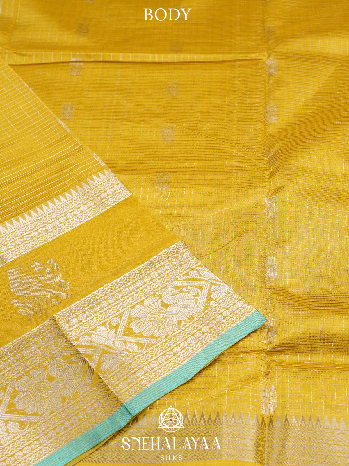 Yellow Kuppadam Silk Cotton Saree with Sea Green Pallu