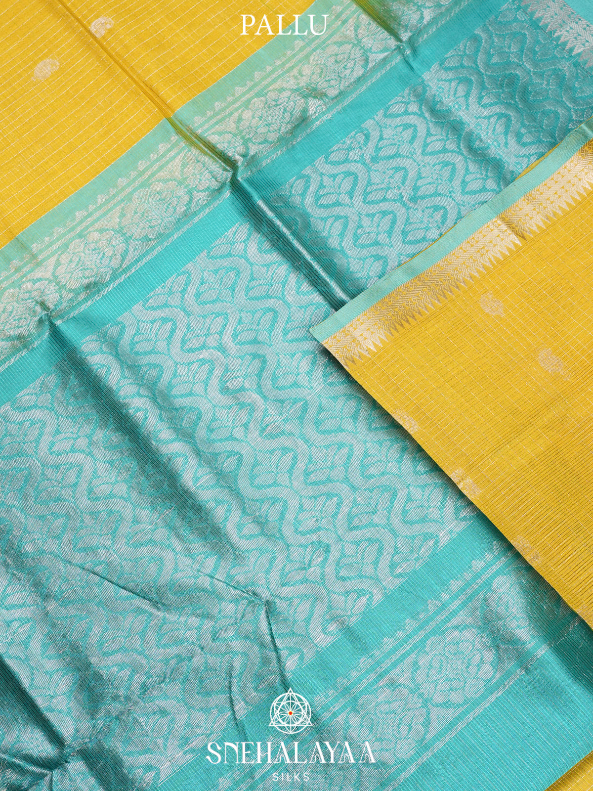 Yellow Kuppadam Silk Cotton Saree with Sea Green Pallu