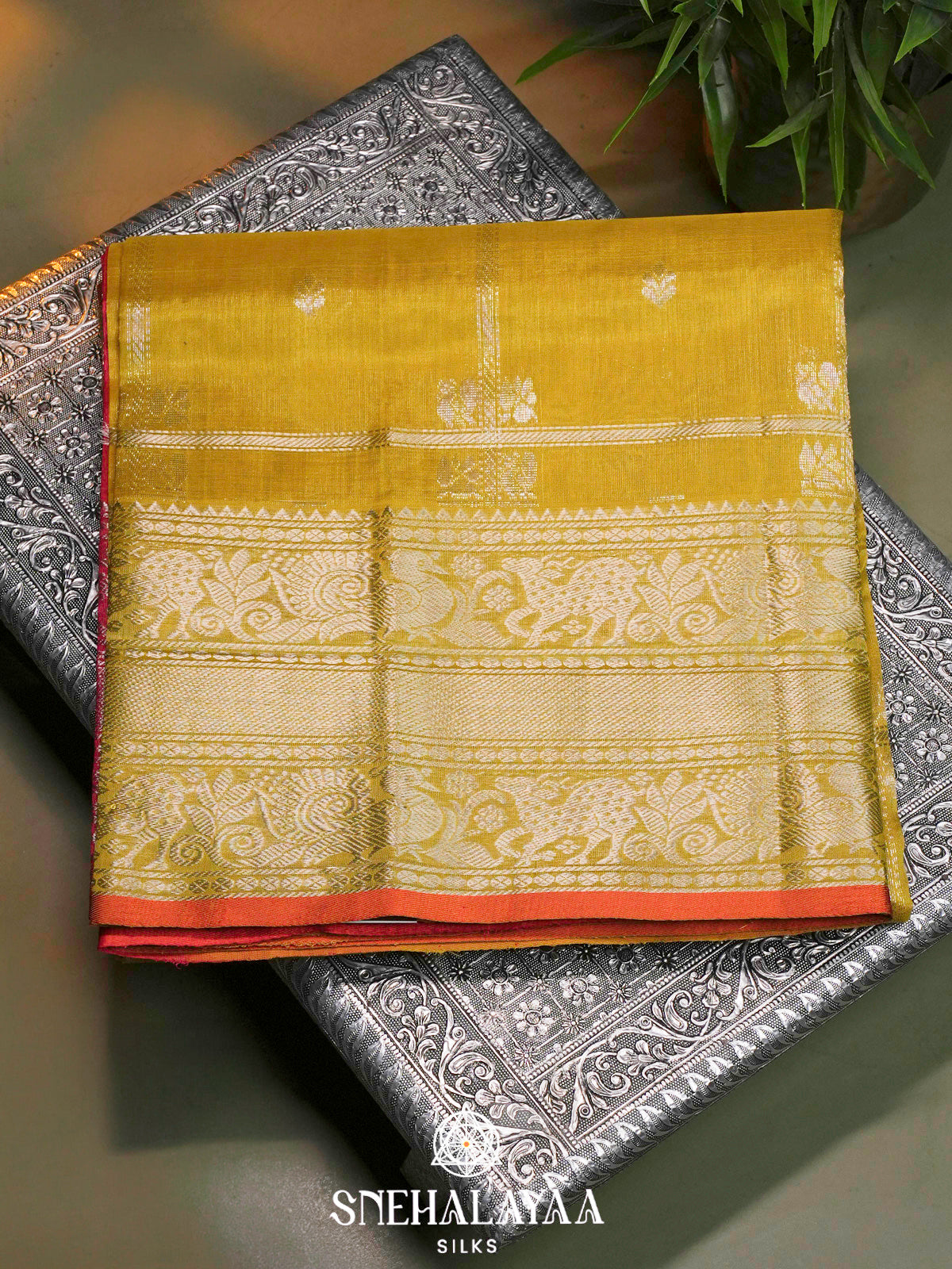 Yellow Kuppadam Silk Cotton Saree with Pink Animal Motif Pallu