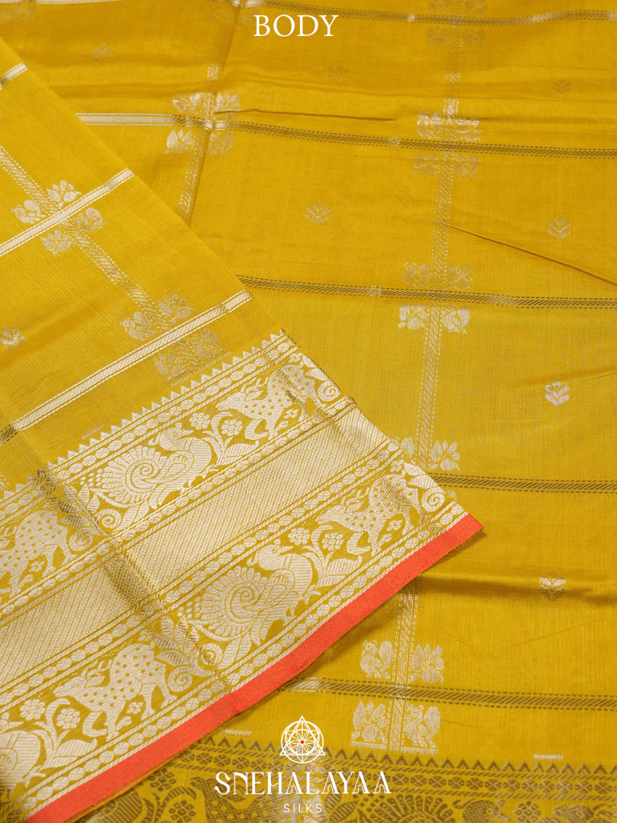 Yellow Kuppadam Silk Cotton Saree with Pink Animal Motif Pallu
