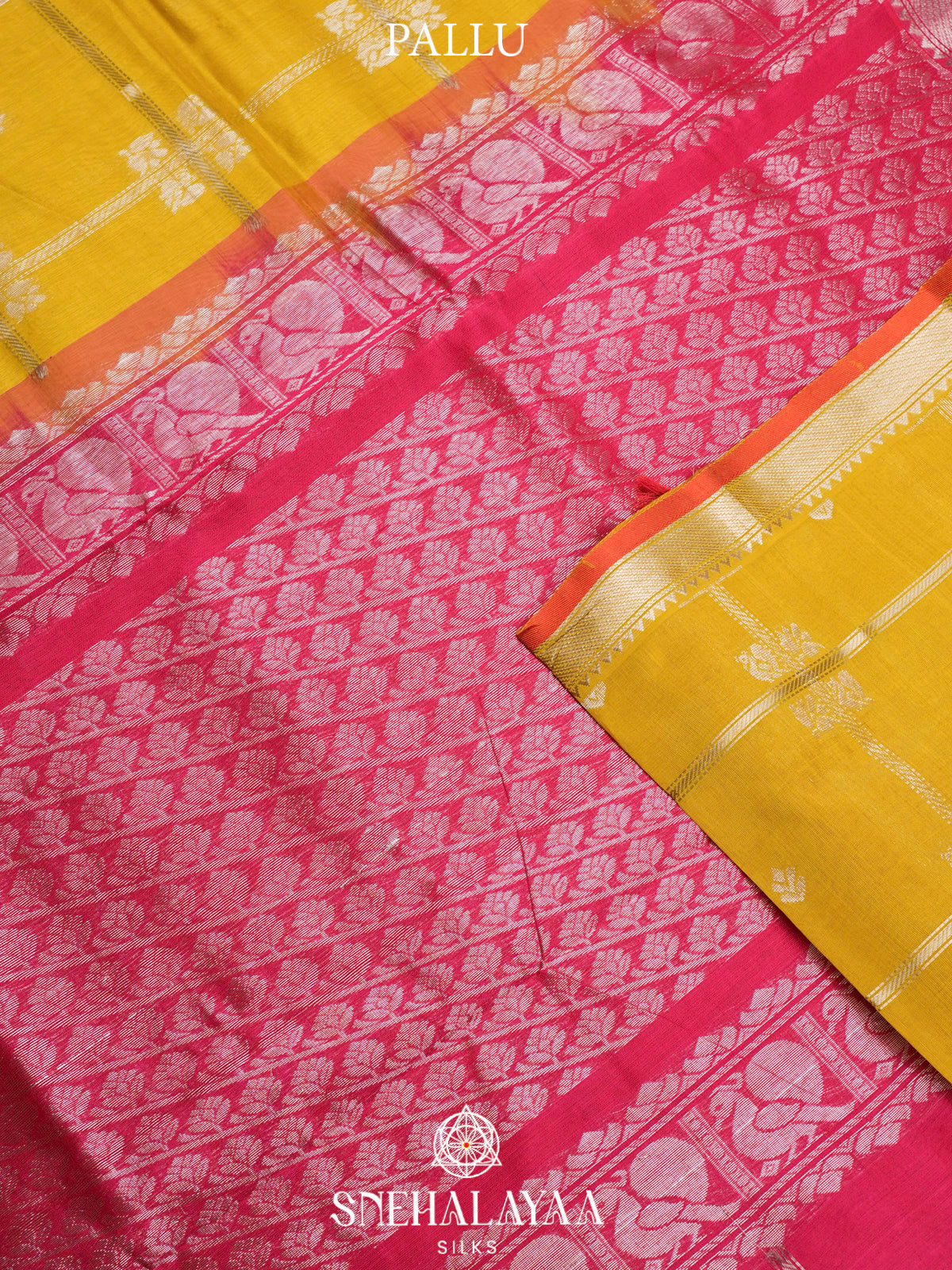 Yellow Kuppadam Silk Cotton Saree with Pink Animal Motif Pallu
