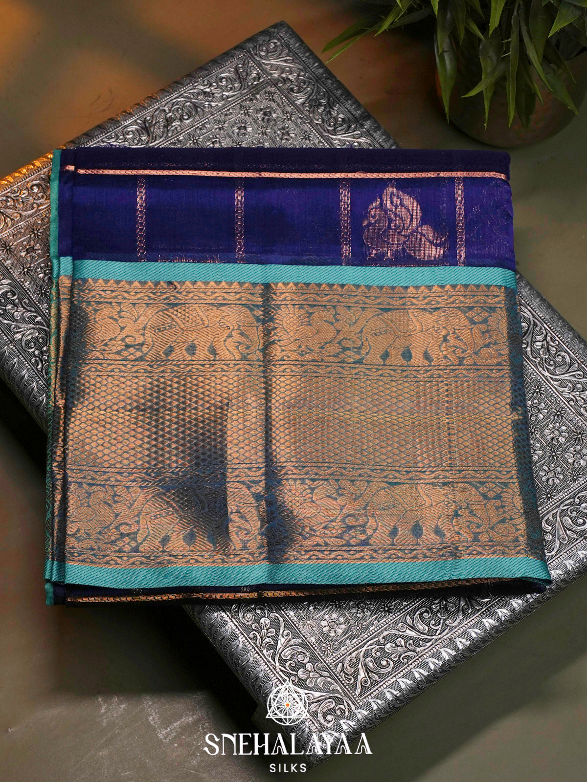 Navy Blue Kuppadam Silk Cotton Saree with Elephant Zari Border