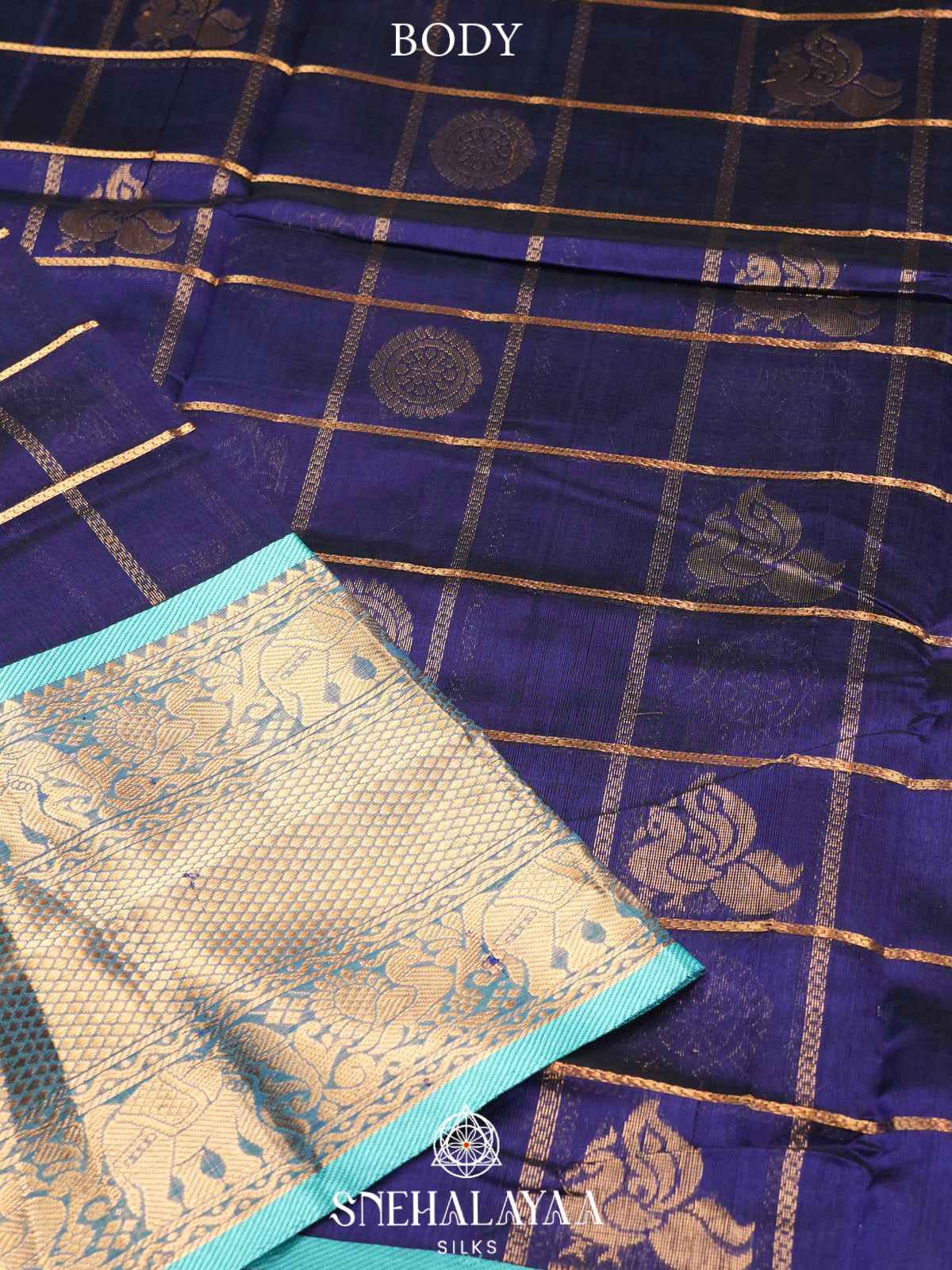 Navy Blue Kuppadam Silk Cotton Saree with Elephant Zari Border