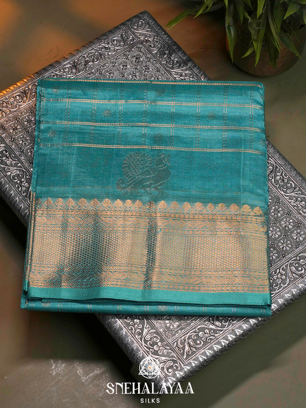 Teal Blue Kuppadam Silk Cotton Saree with Leaf Border