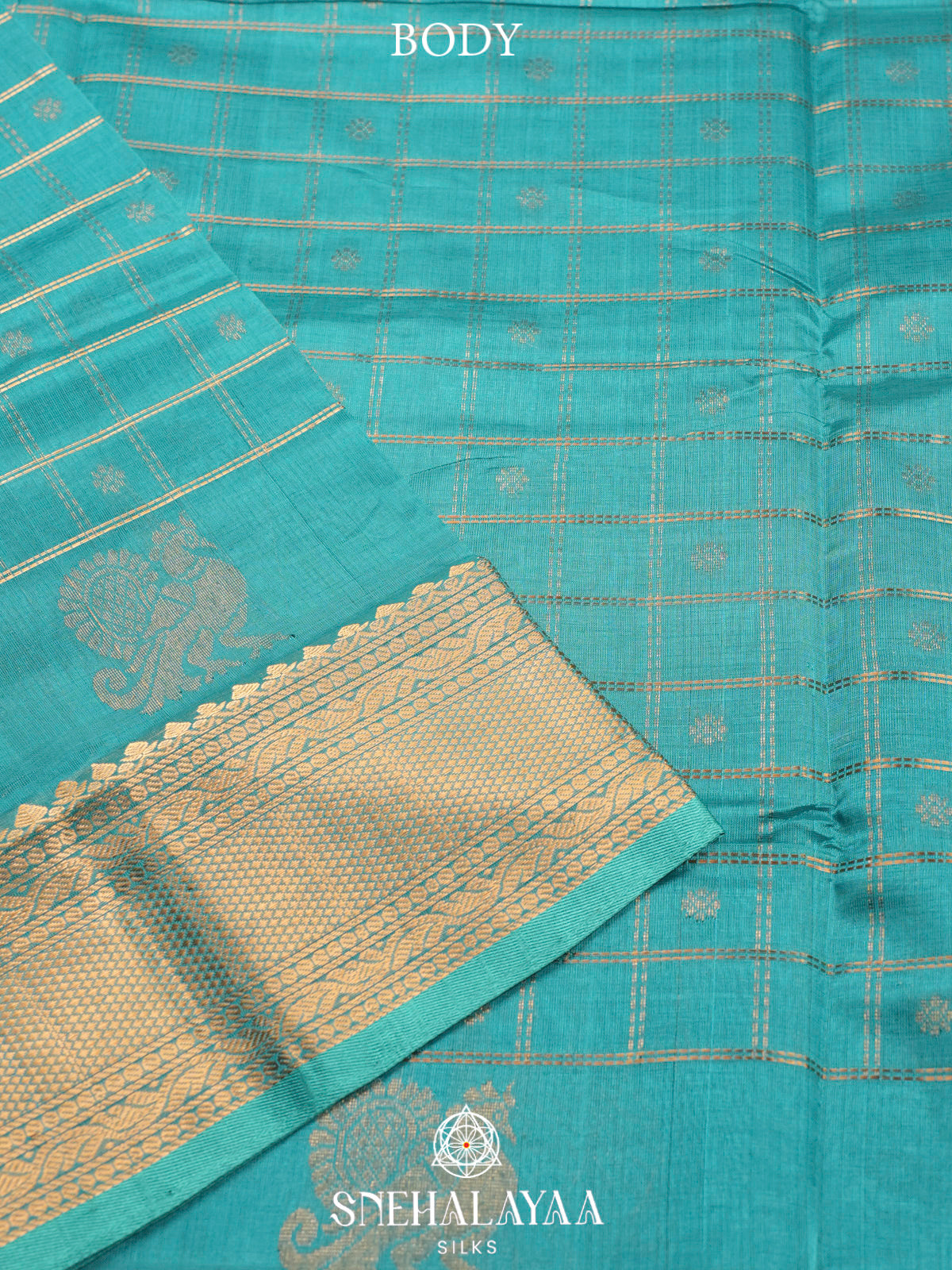 Teal Blue Kuppadam Silk Cotton Saree with Leaf Border
