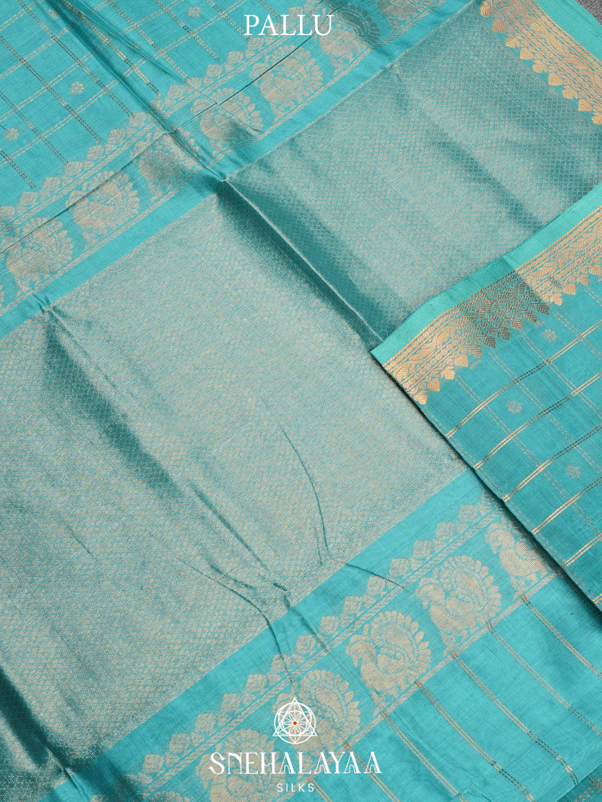 Teal Blue Kuppadam Silk Cotton Saree with Leaf Border