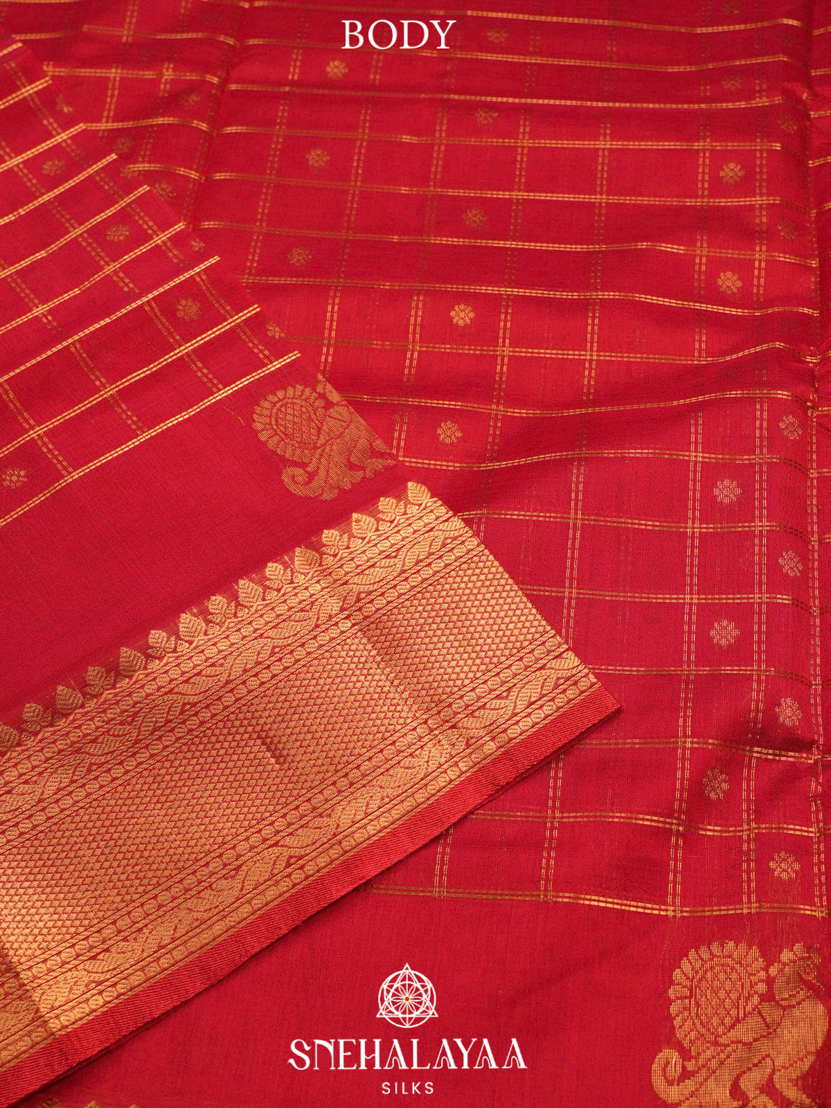 Chilli Red Kuppadam Silk Cotton Saree with Leaf Zari Border
