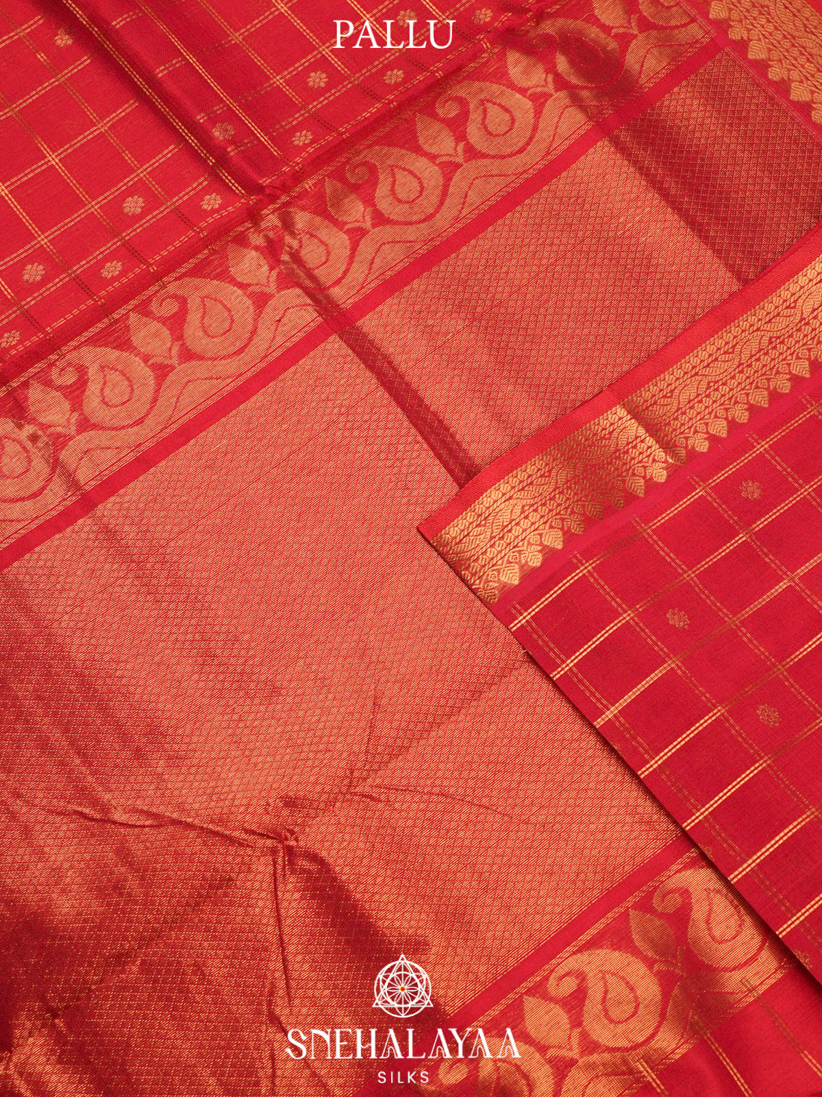 Chilli Red Kuppadam Silk Cotton Saree with Leaf Zari Border