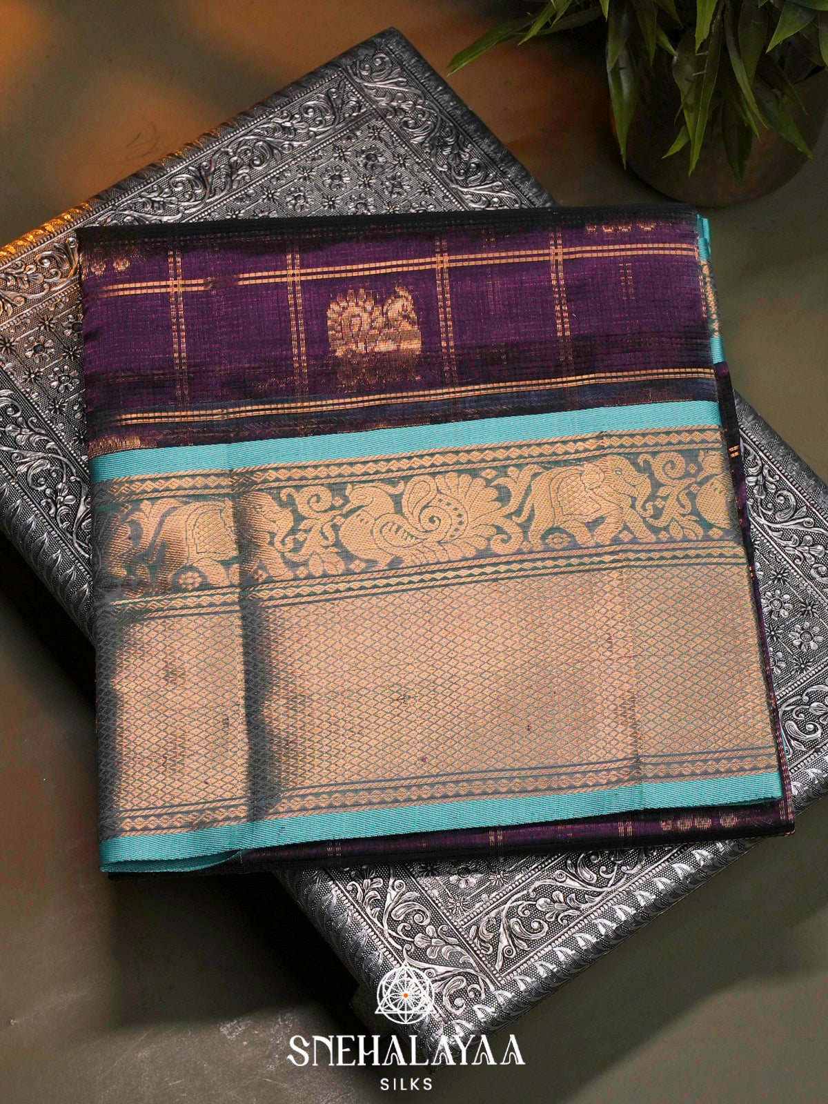 Wine Purple Kuppadam Silk Cotton Saree with Elephant Border