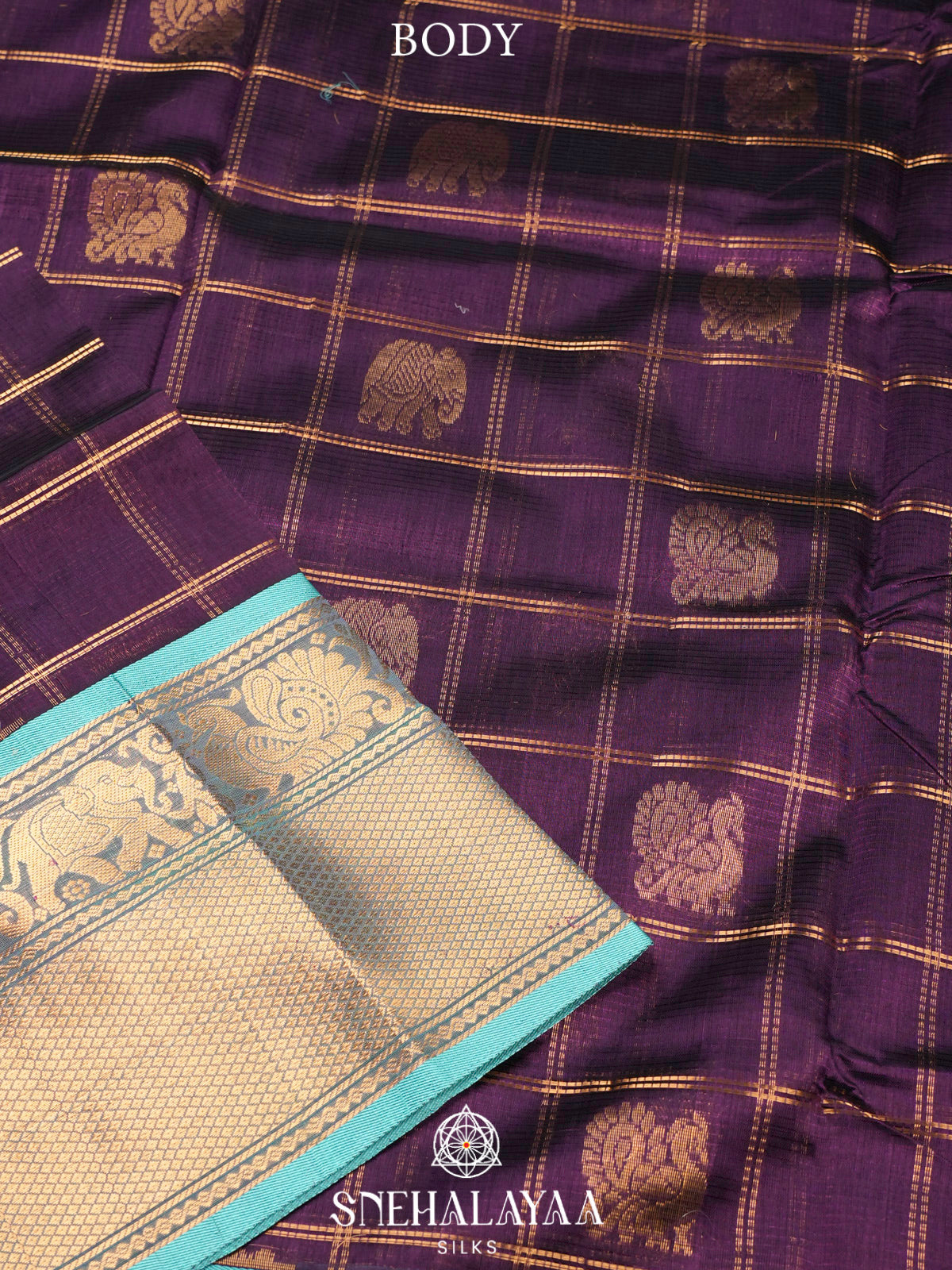 Wine Purple Kuppadam Silk Cotton Saree with Elephant Border
