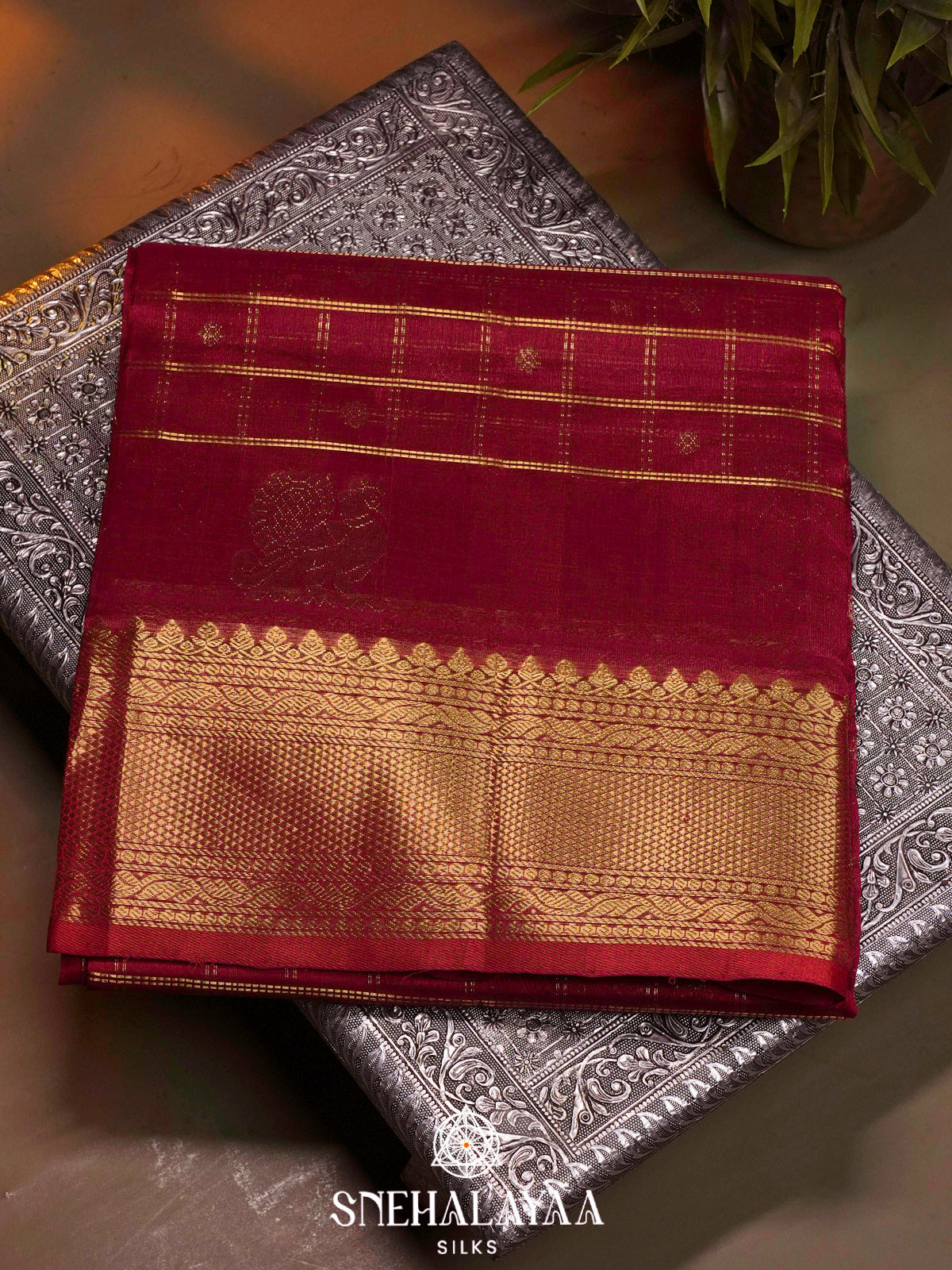 Maroon Kuppadam Silk Cotton Saree with Peacock Zari Border
