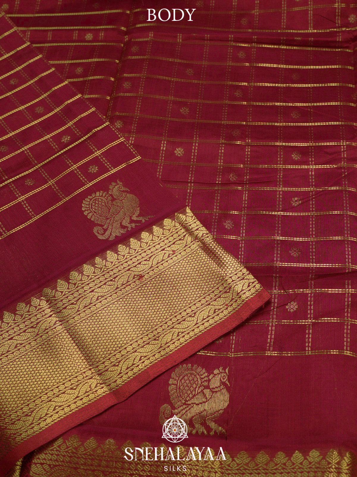 Maroon Kuppadam Silk Cotton Saree with Peacock Zari Border