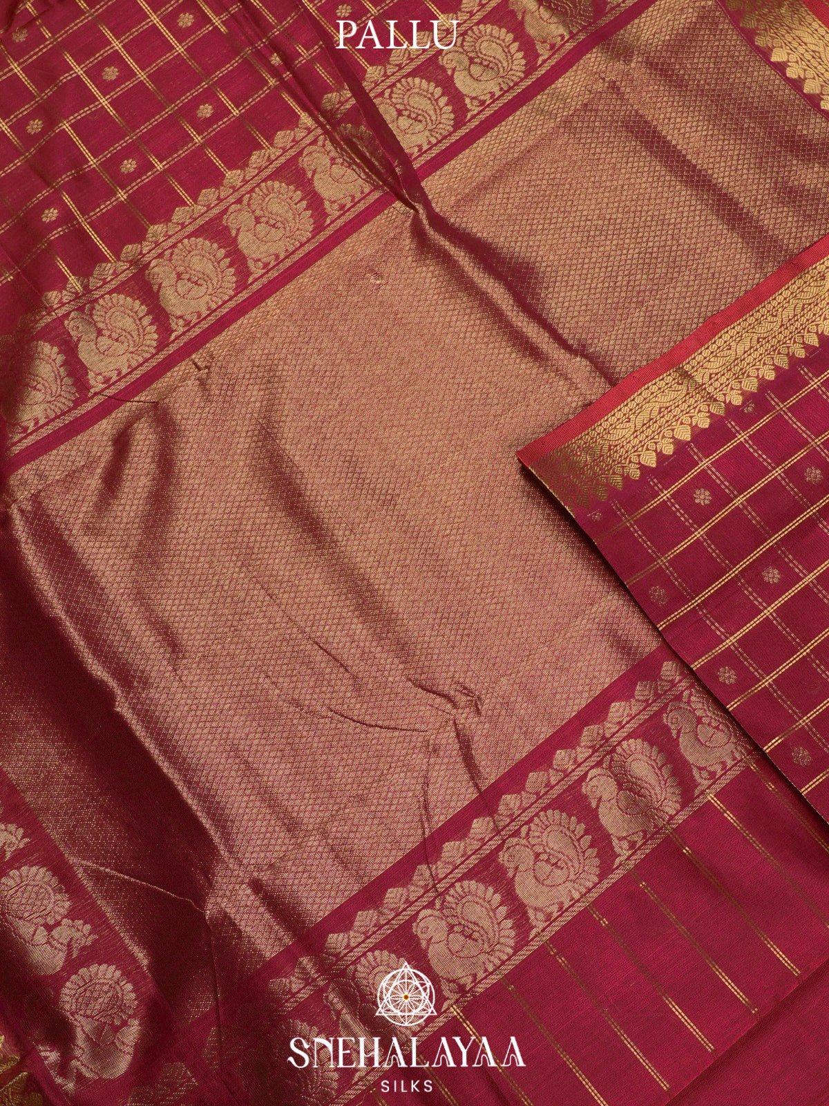 Maroon Kuppadam Silk Cotton Saree with Peacock Zari Border