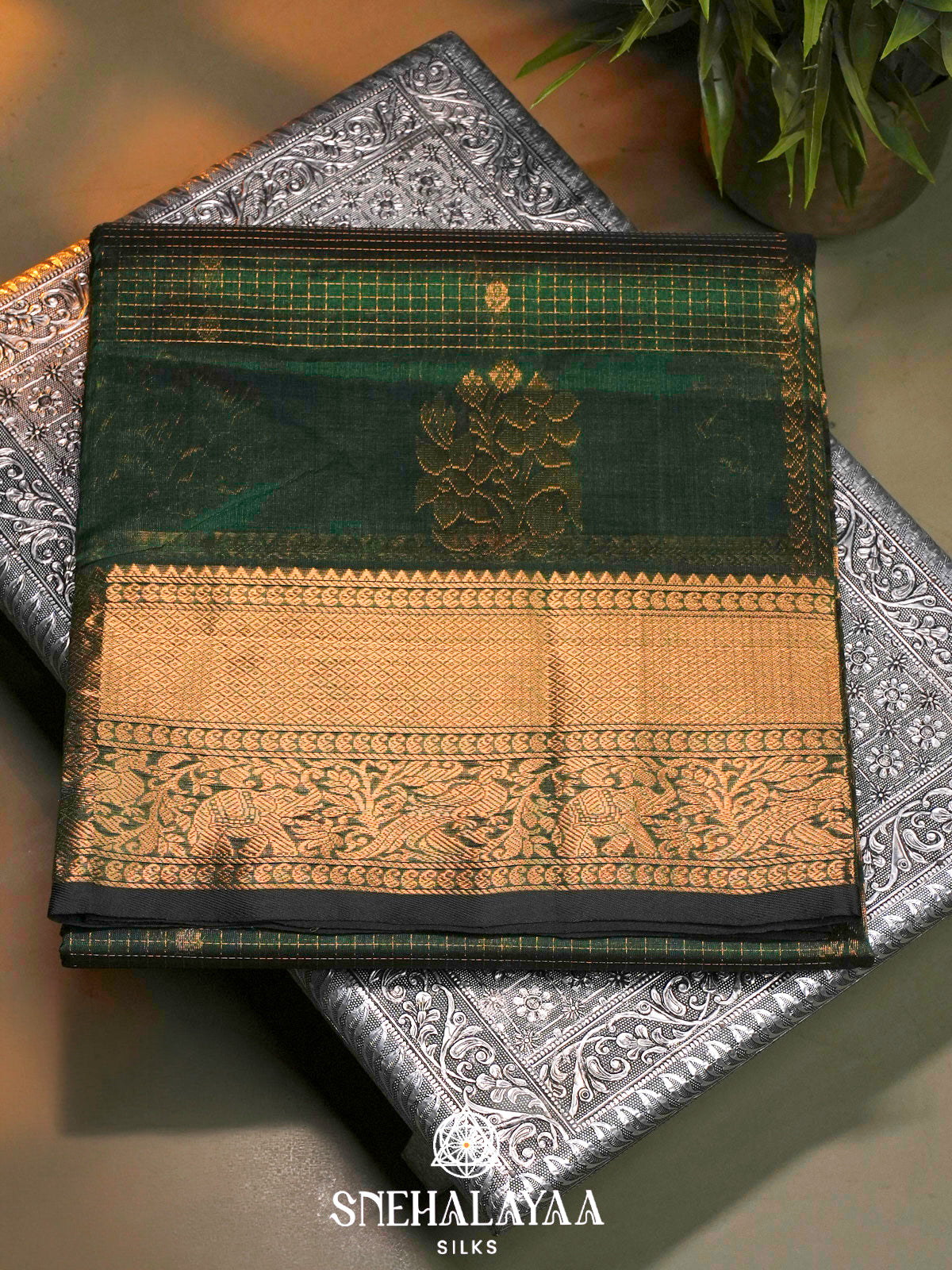 Bottle Green Kuppadam Silk Cotton Saree with Elephant Border