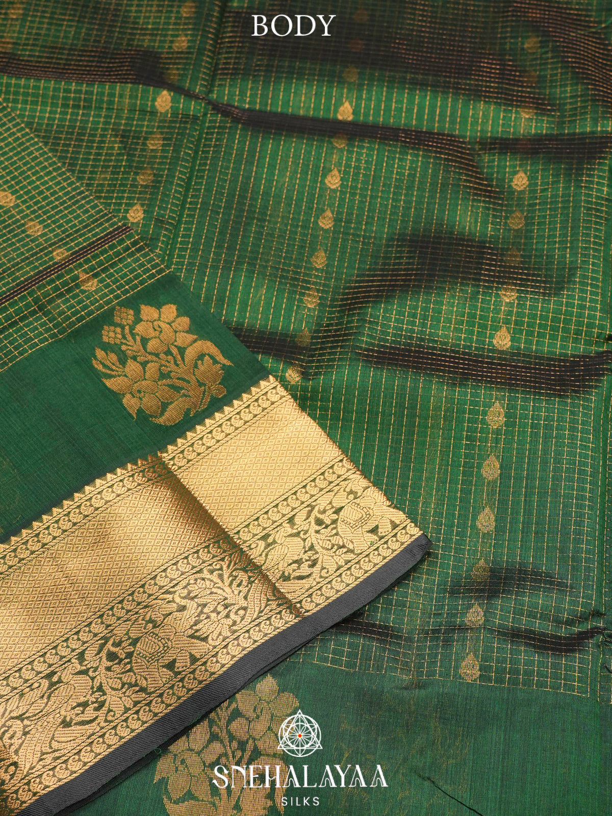 Bottle Green Kuppadam Silk Cotton Saree with Elephant Border