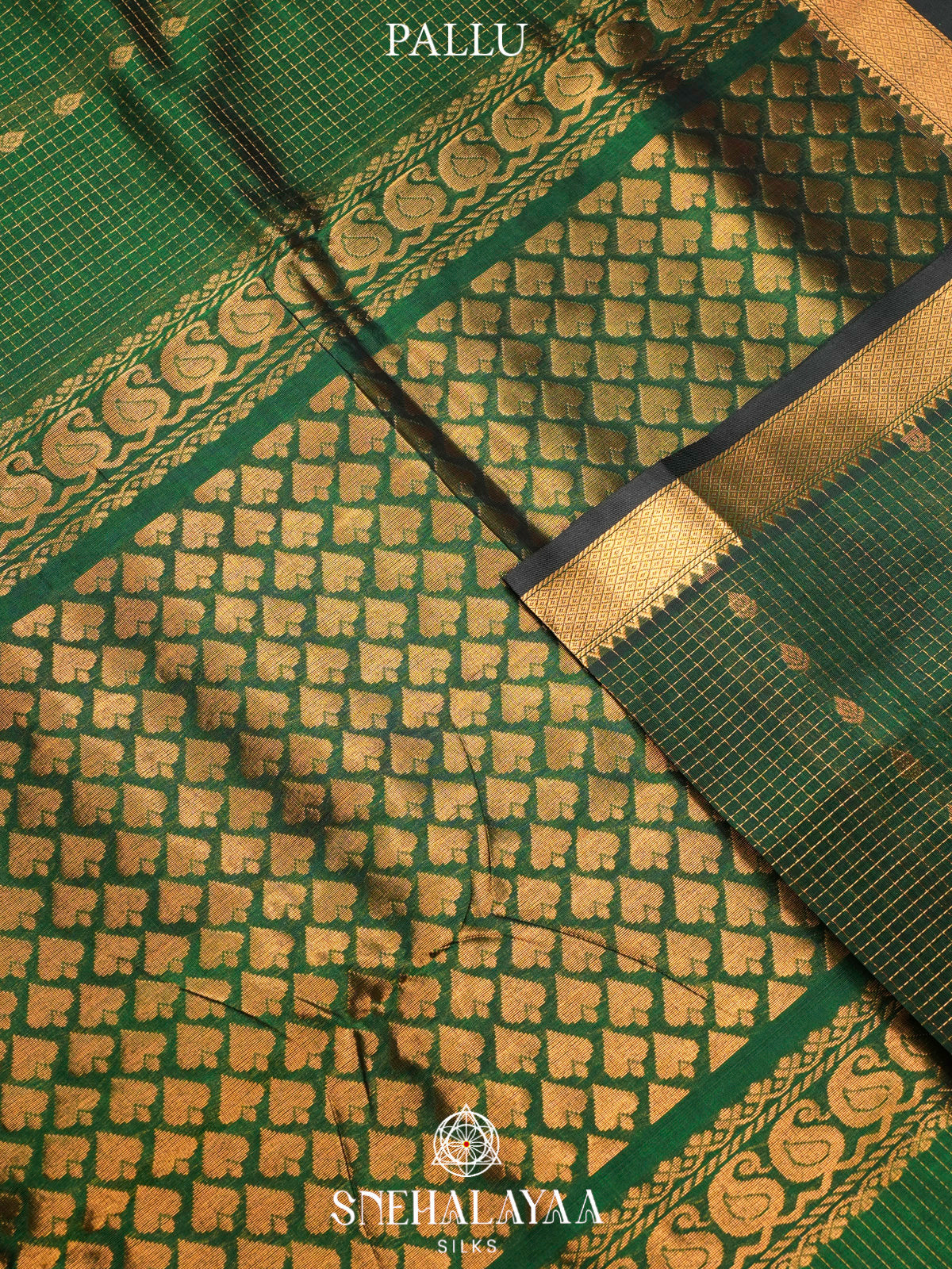 Bottle Green Kuppadam Silk Cotton Saree with Elephant Border