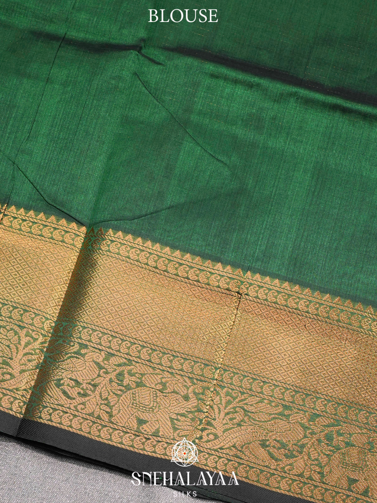 Bottle Green Kuppadam Silk Cotton Saree with Elephant Border