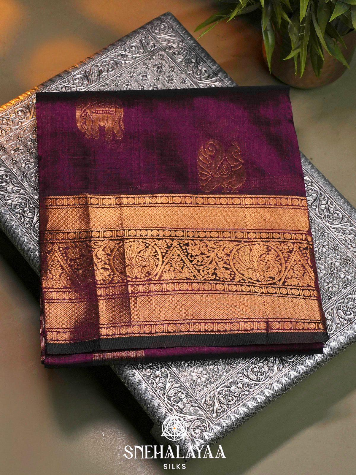 Purple Kuppadam Silk Cotton Saree with Elephant and Peacock Border